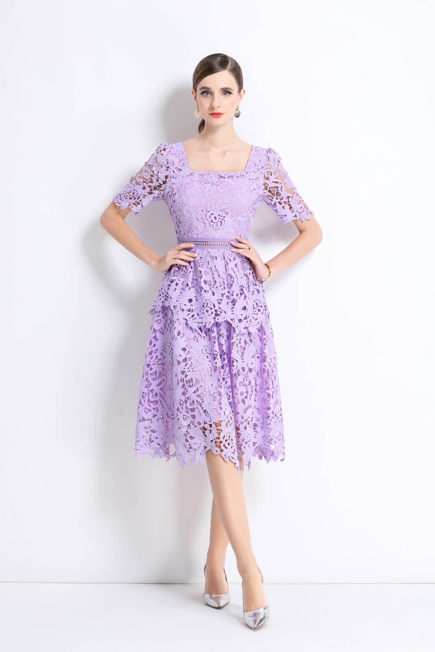 Women's Lace Square Neck Sort Sleeve Midi Dress