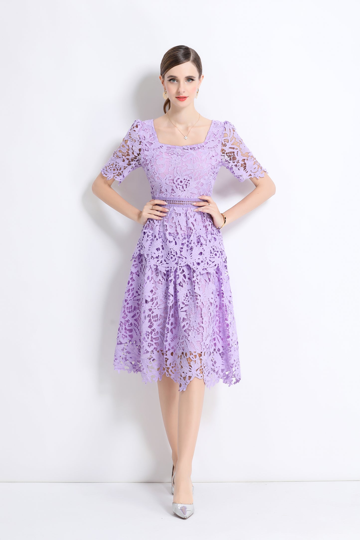 Women's Lace Square Neck Sort Sleeve Midi Dress