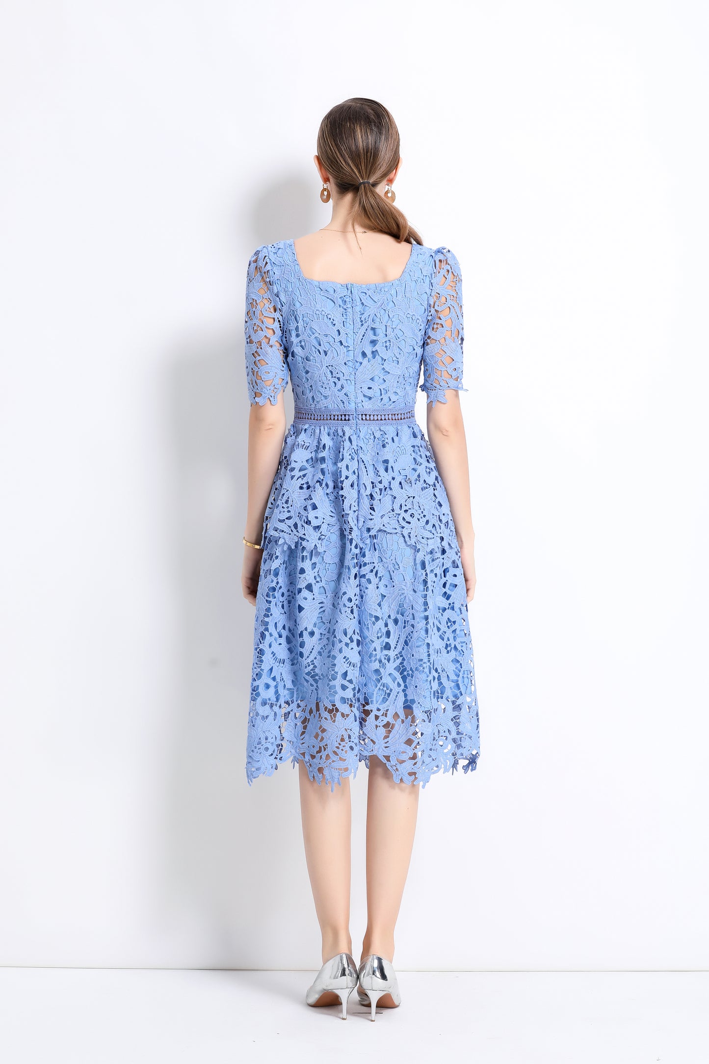 Women's Lace Square Neck Sort Sleeve Midi Dress