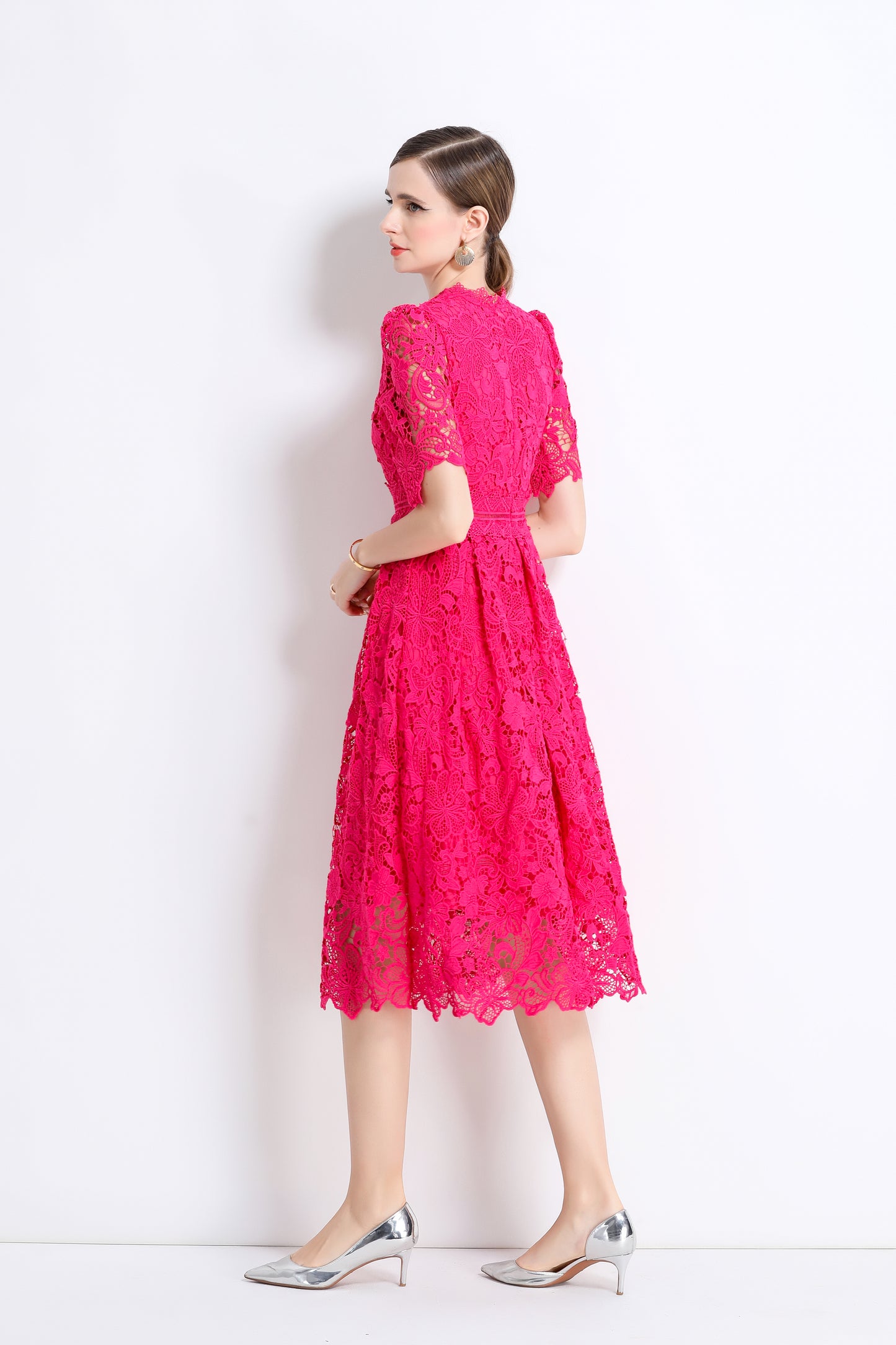 Women's Lace Floral Crochet Waist Midi Dress