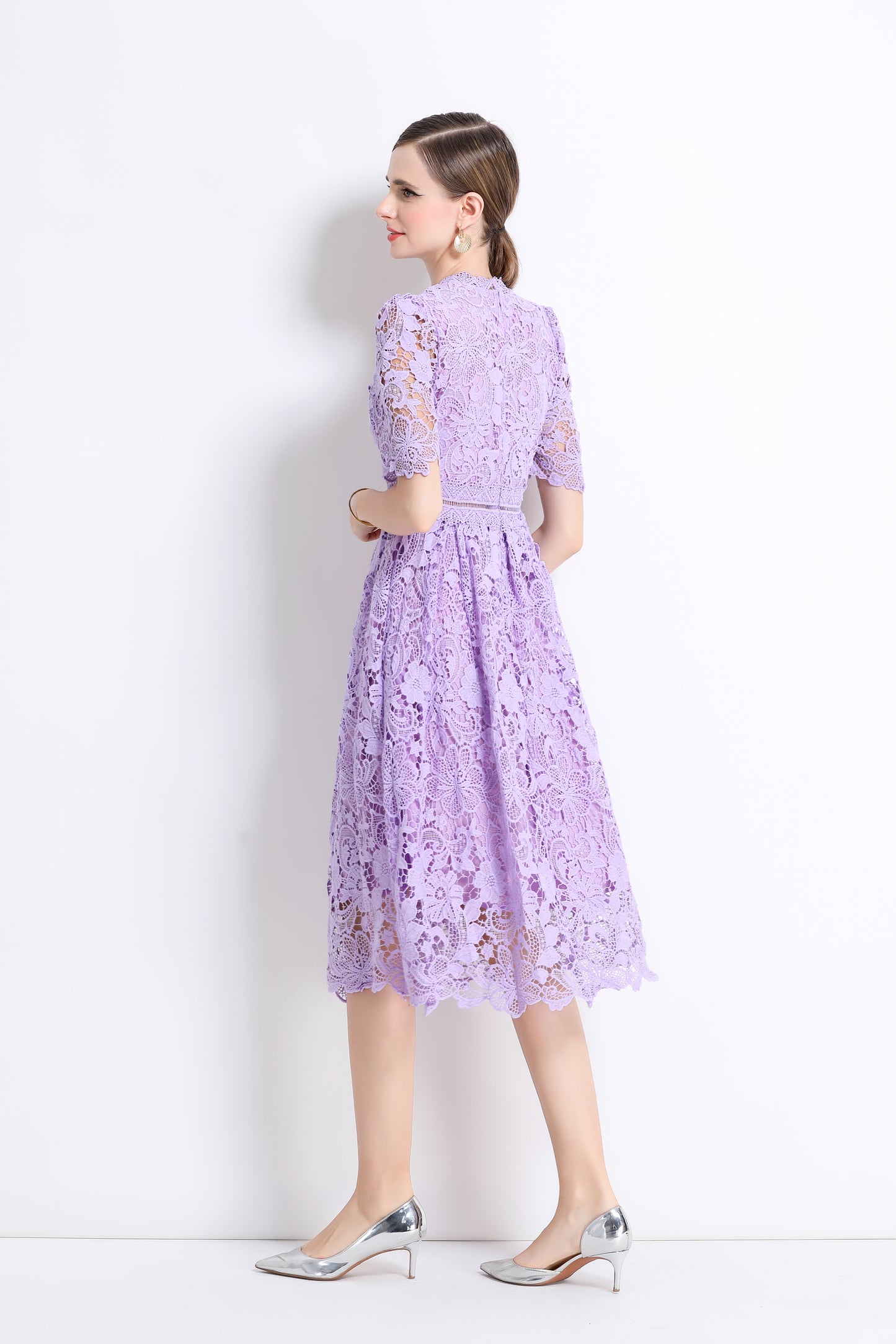 Women's Lace Floral Crochet Waist Midi Dress