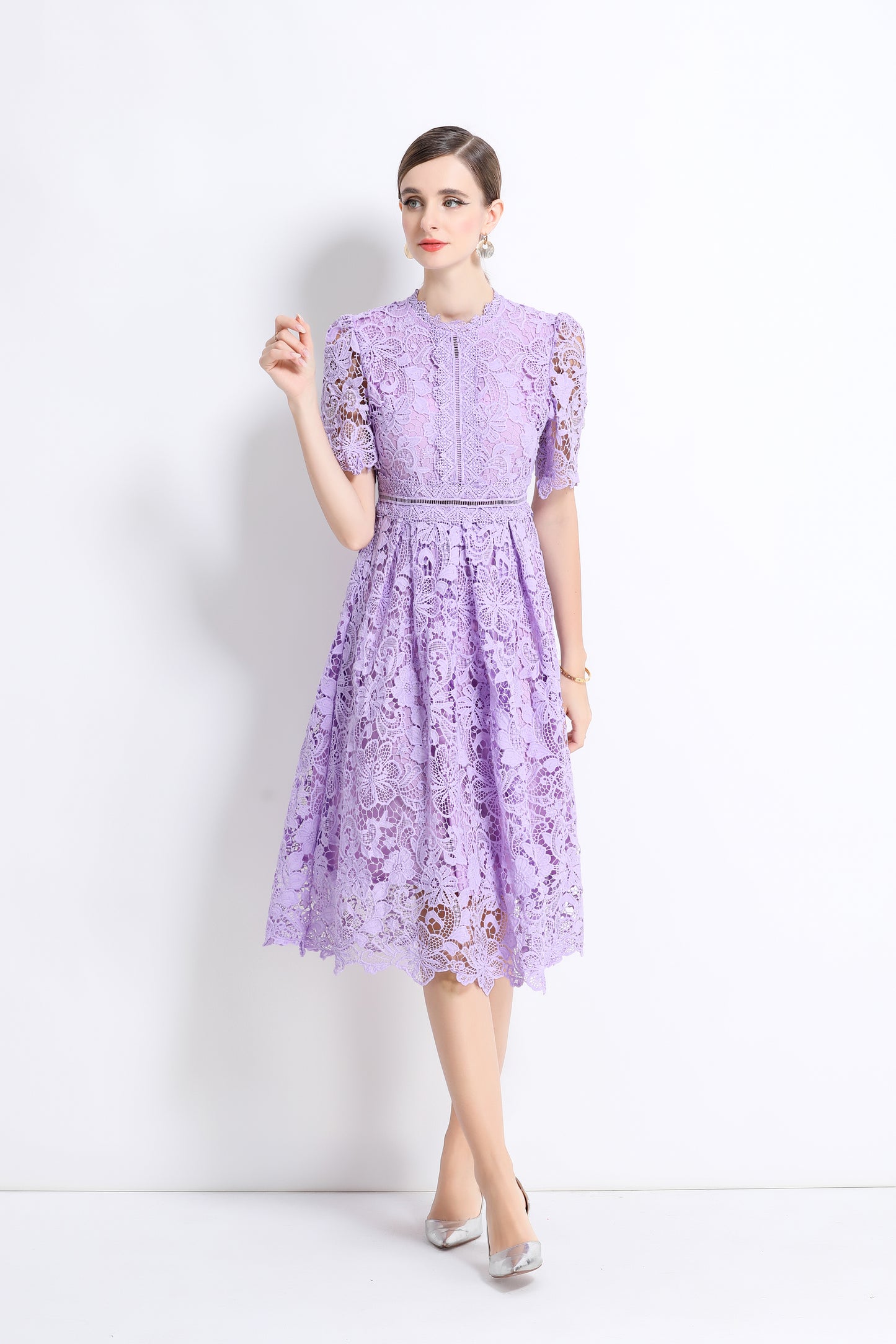 Women's Lace Floral Crochet Waist Midi Dress