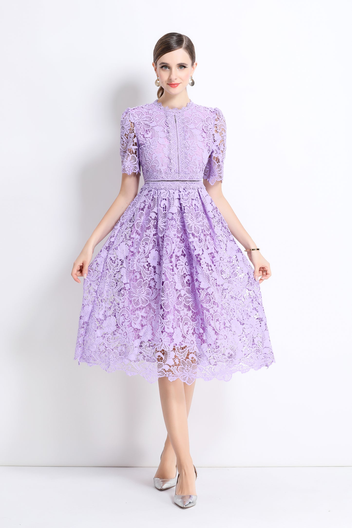 Women's Lace Floral Crochet Waist Midi Dress