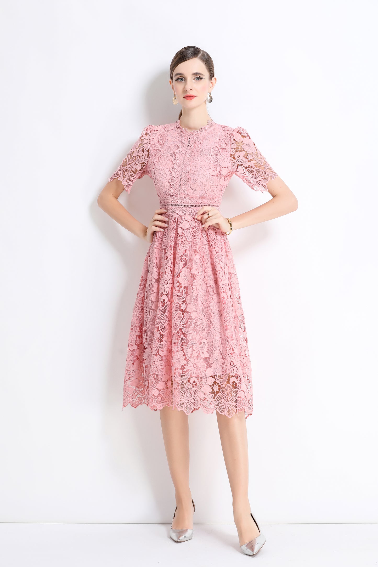 Women's Lace Floral Crochet Waist Midi Dress
