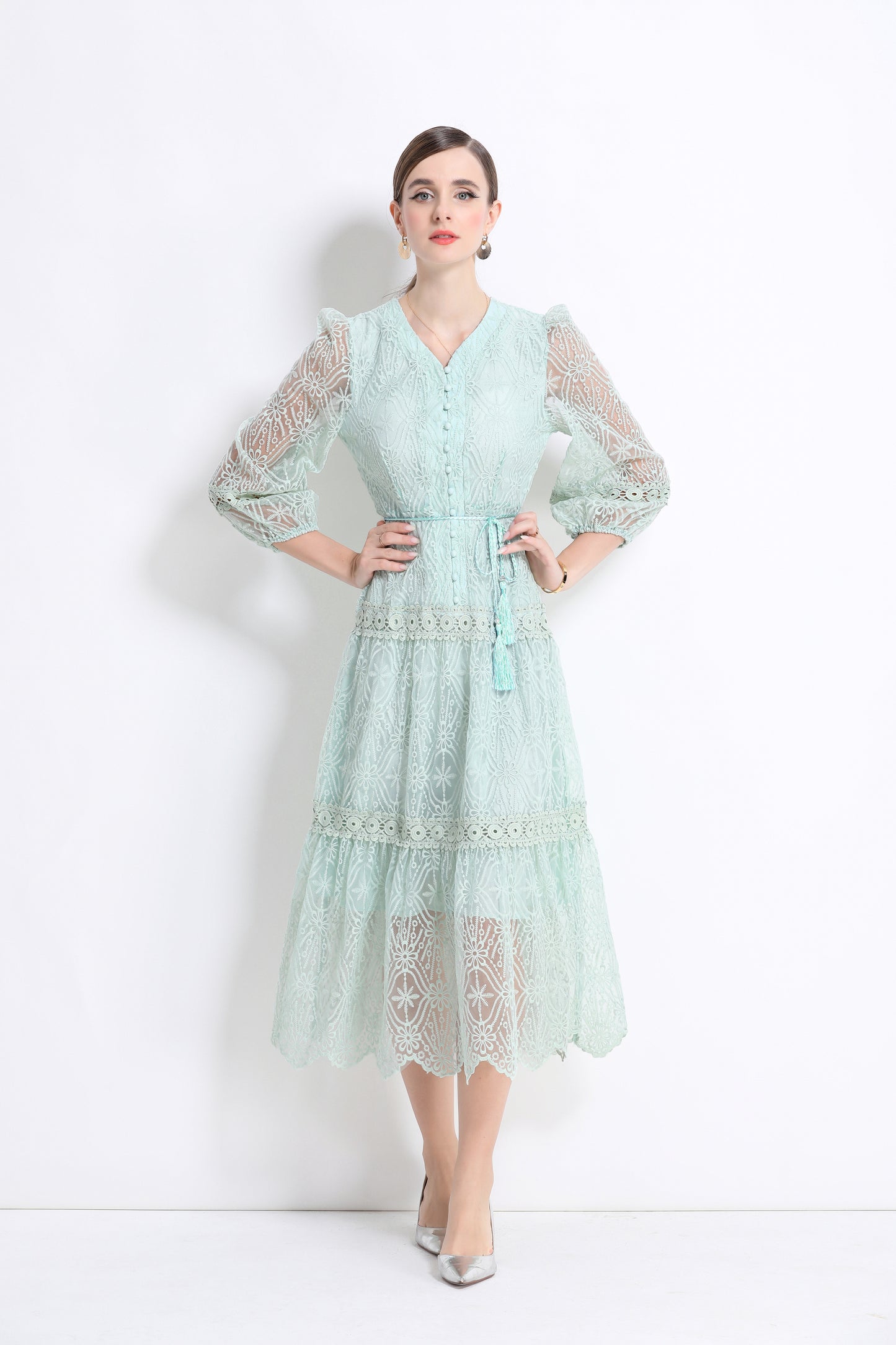 Women's V-Neck Mesh Embroidery Lace Midi Dress