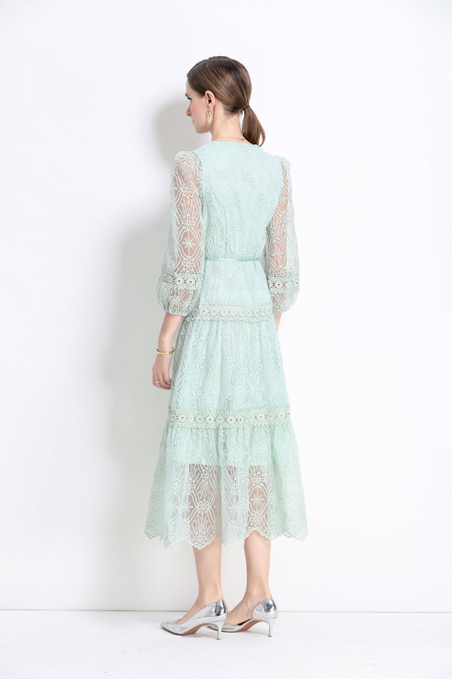 Women's V-Neck Mesh Embroidery Lace Midi Dress