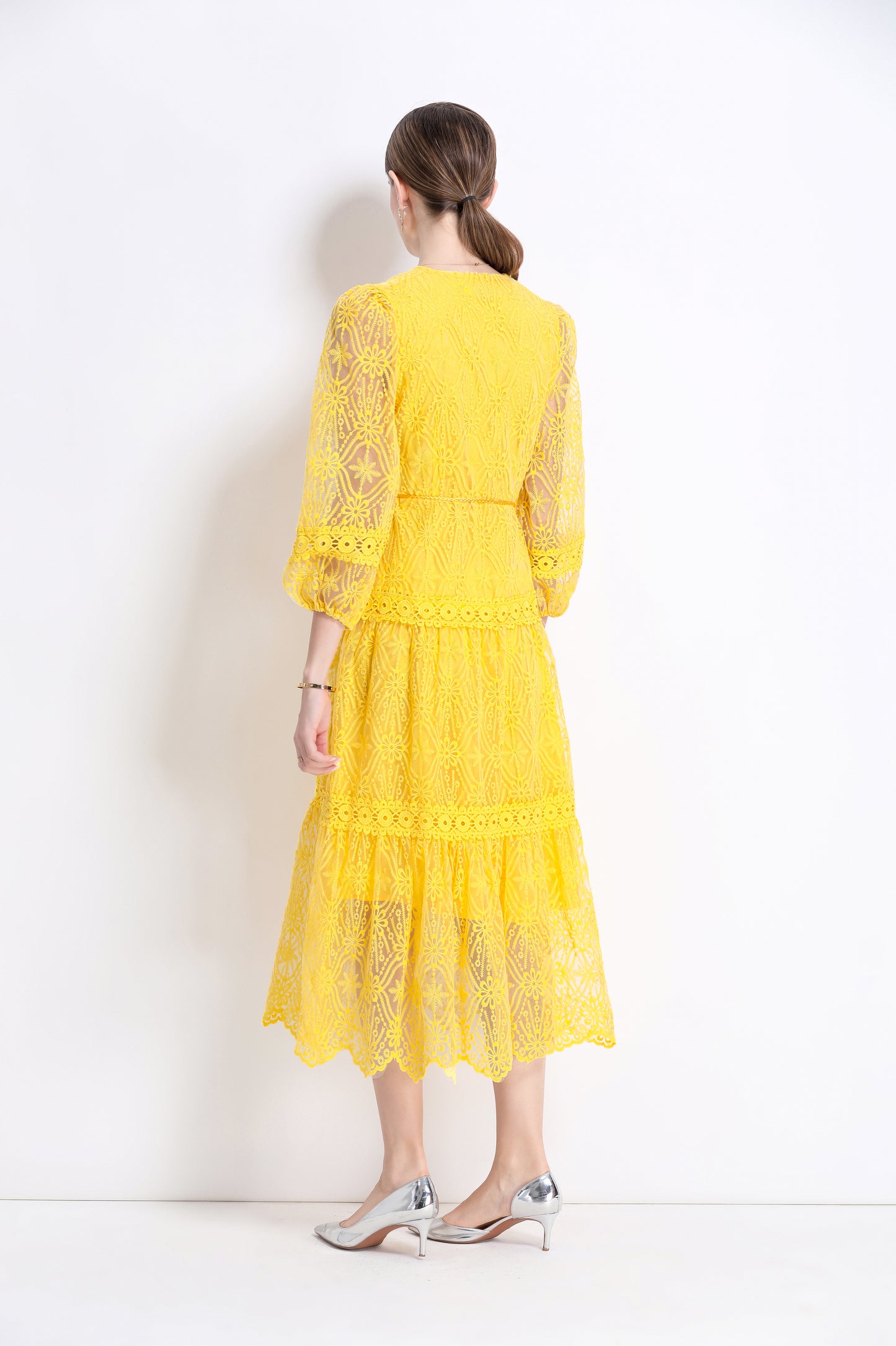 Women's V-Neck Mesh Embroidery Lace Midi Dress