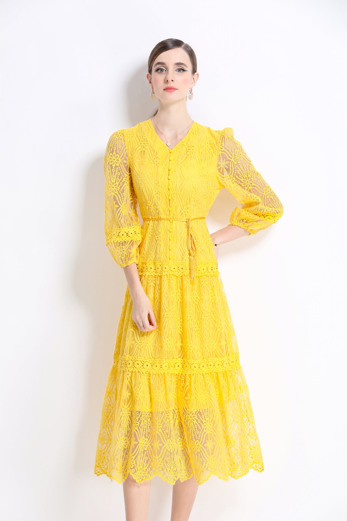 Women's V-Neck Mesh Embroidery Lace Midi Dress