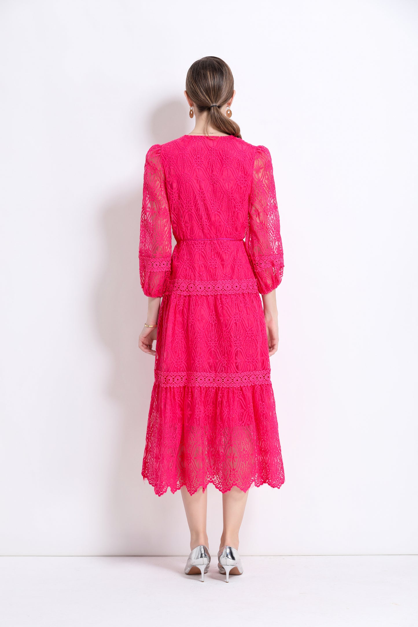 Women's V-Neck Mesh Embroidery Lace Midi Dress