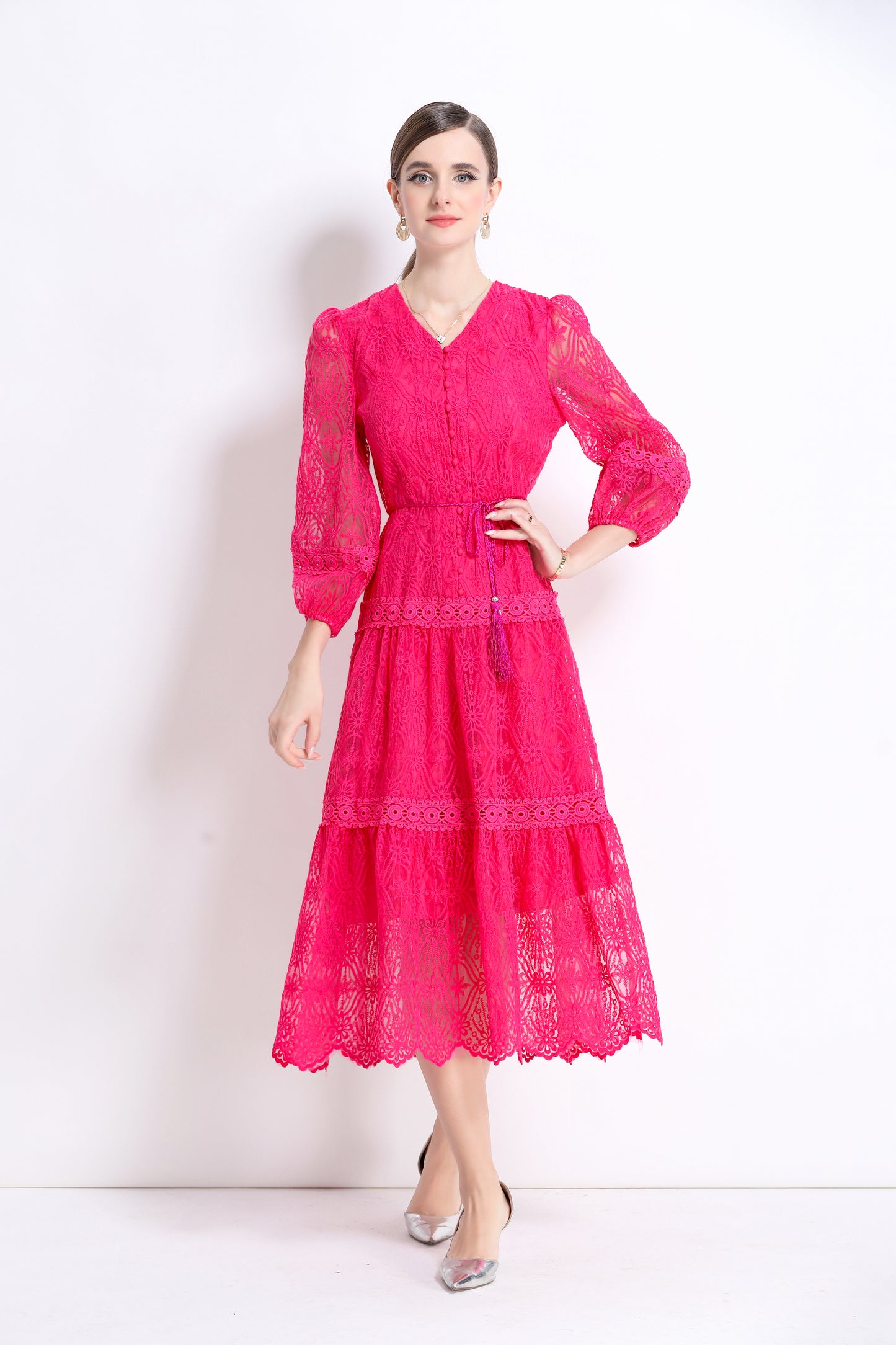 Women's V-Neck Mesh Embroidery Lace Midi Dress