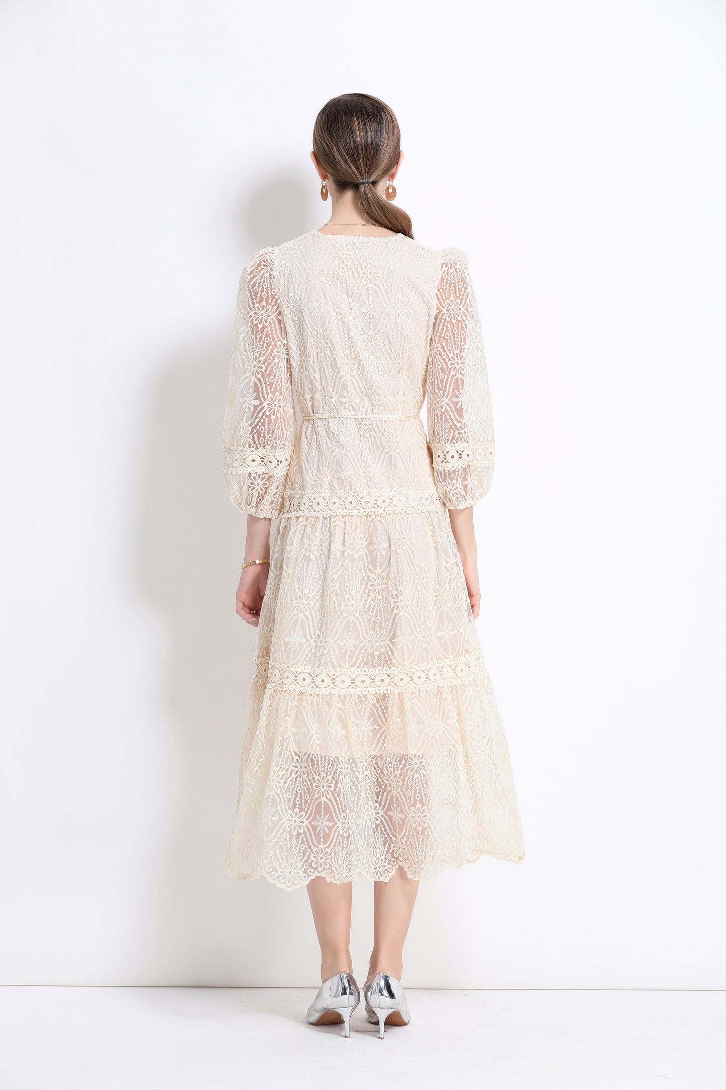 Women's V-Neck Mesh Embroidery Lace Midi Dress