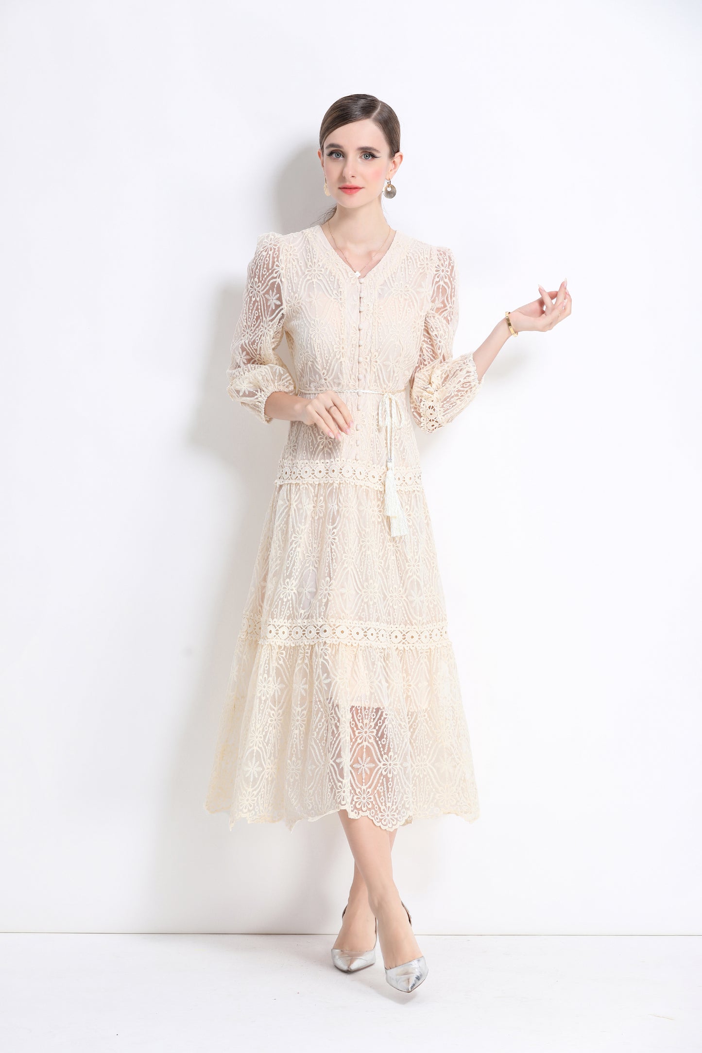 Women's V-Neck Mesh Embroidery Lace Midi Dress