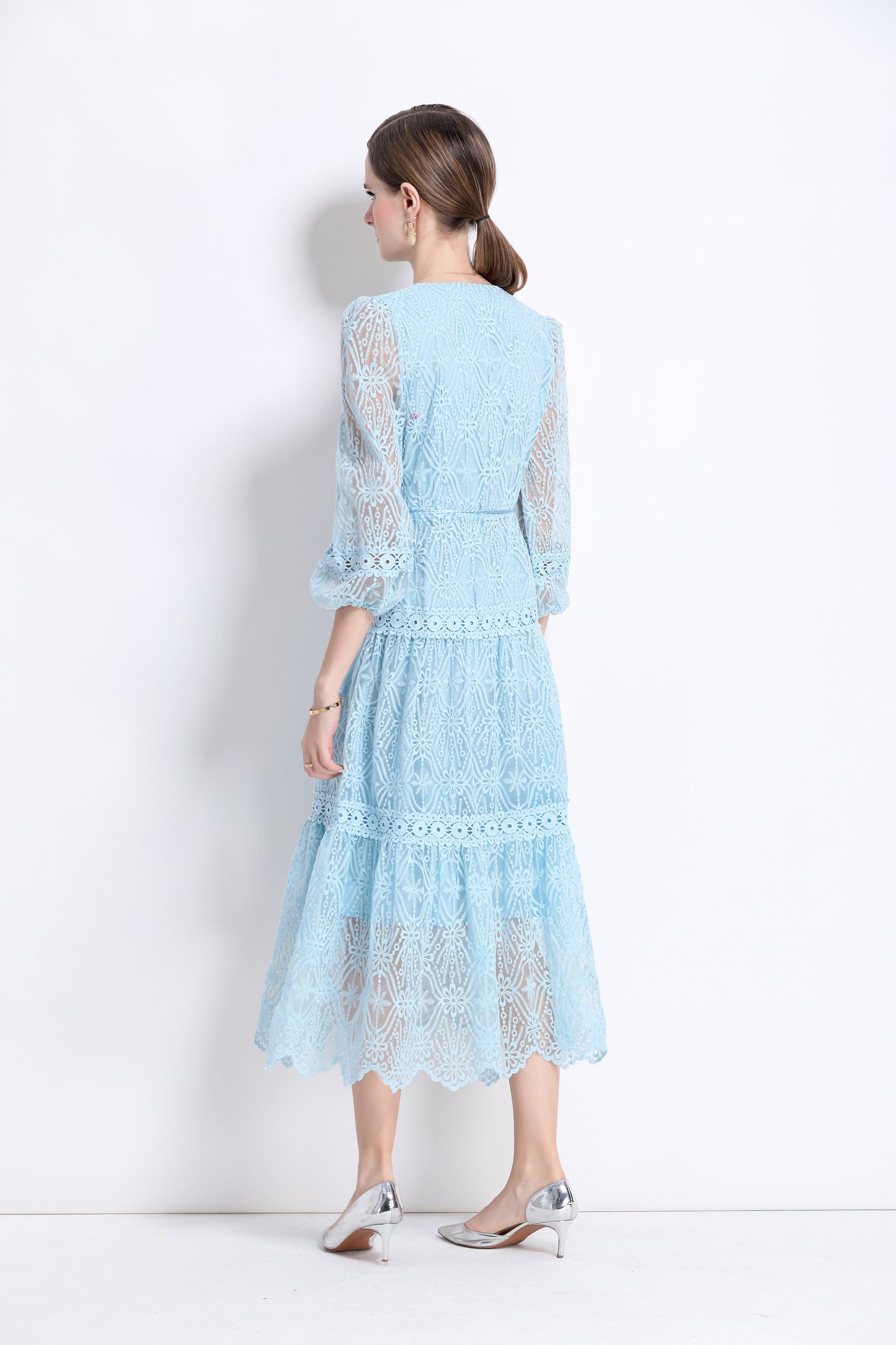 Women's V-Neck Mesh Embroidery Lace Midi Dress