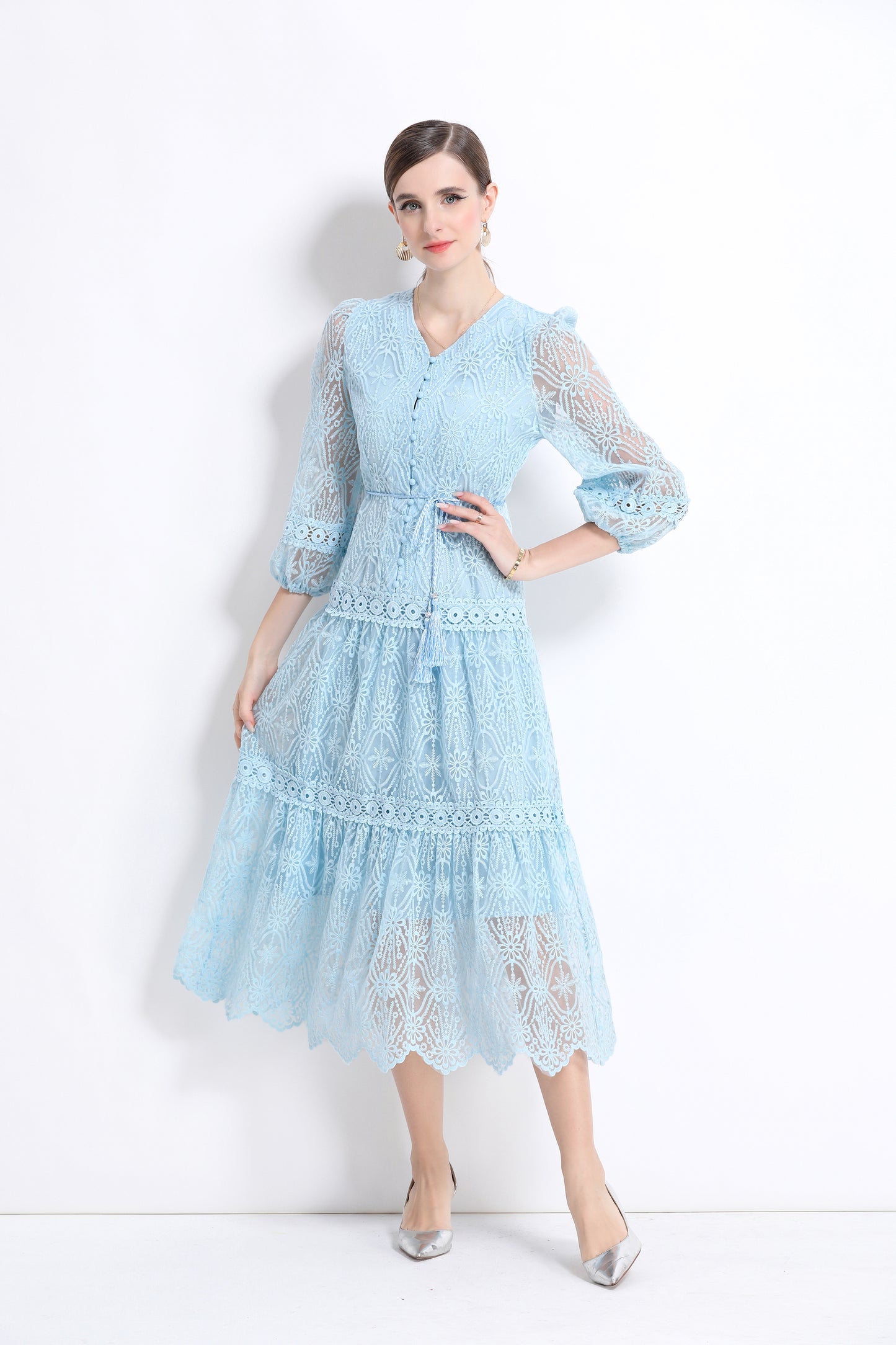 Women's V-Neck Mesh Embroidery Lace Midi Dress
