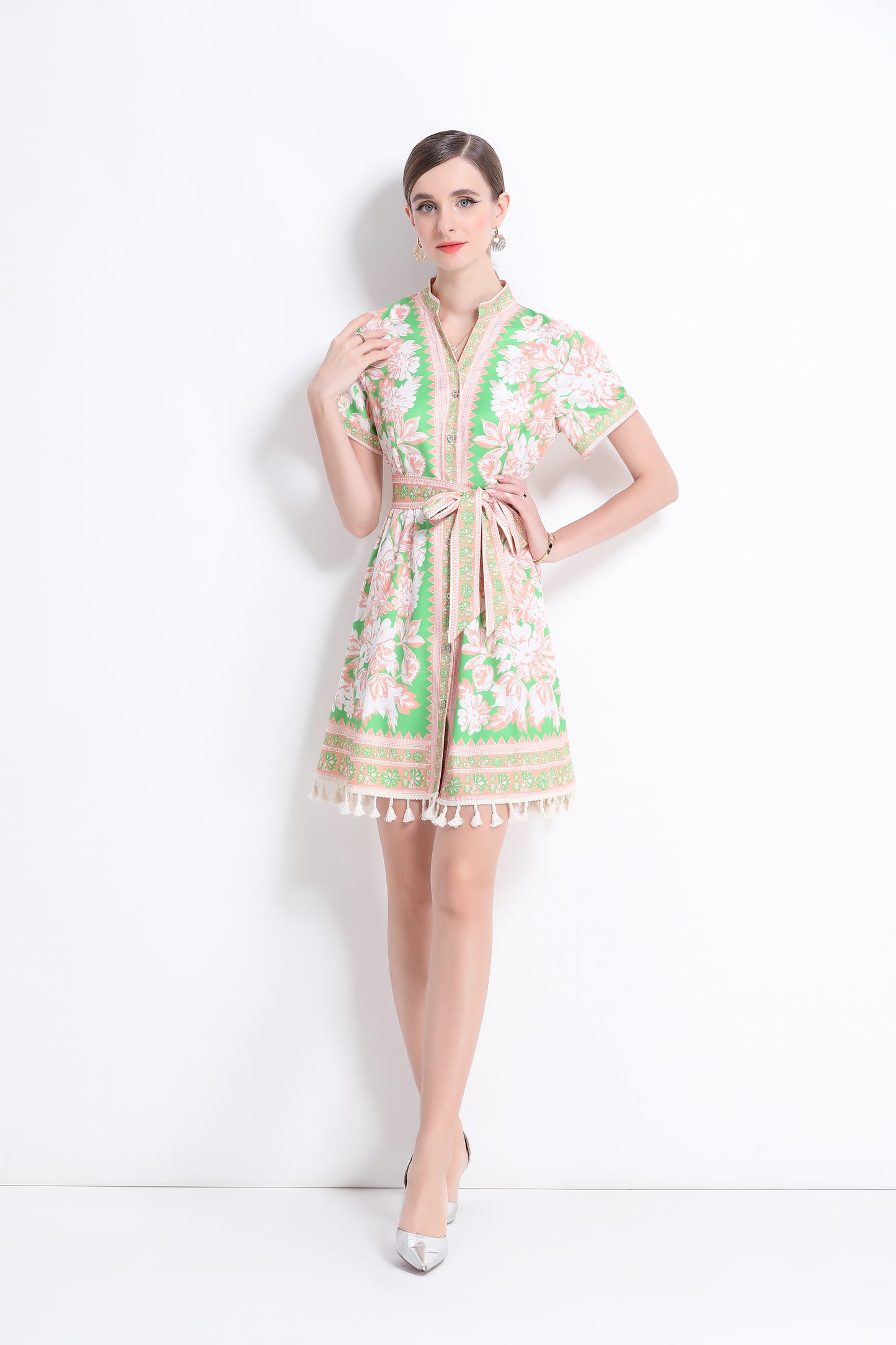 Women's V-Neck Floral Print Split Mini Dress