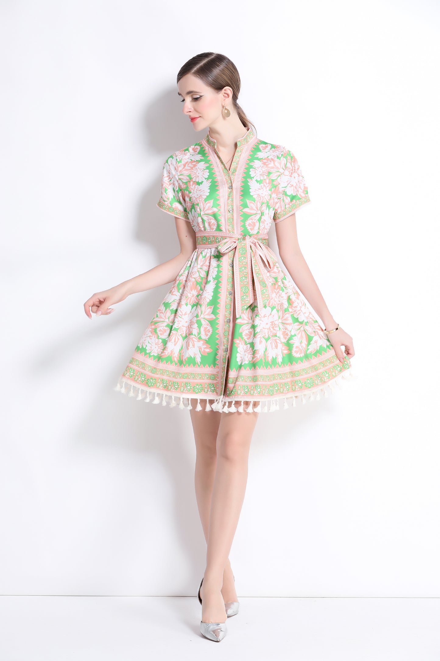 Women's V-Neck Floral Print Split Mini Dress