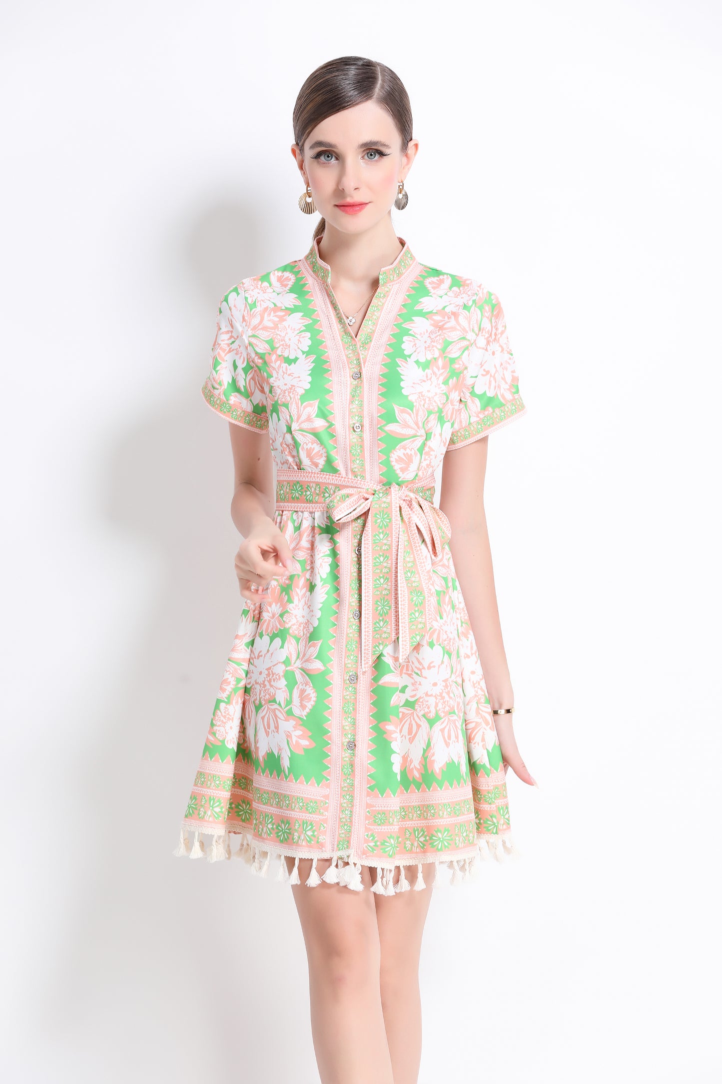 Women's V-Neck Floral Print Split Mini Dress