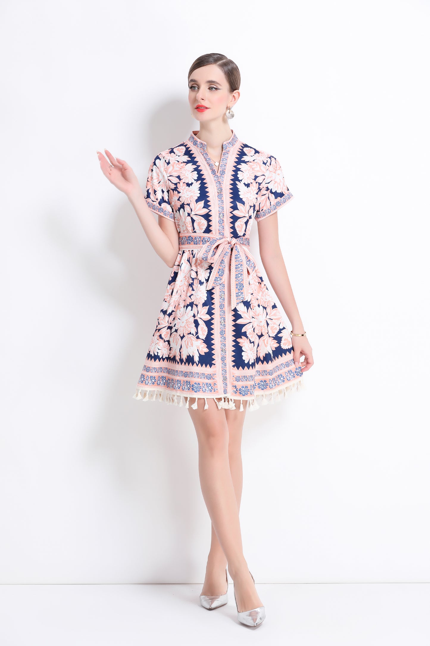 Women's V-Neck Floral Print Split Mini Dress