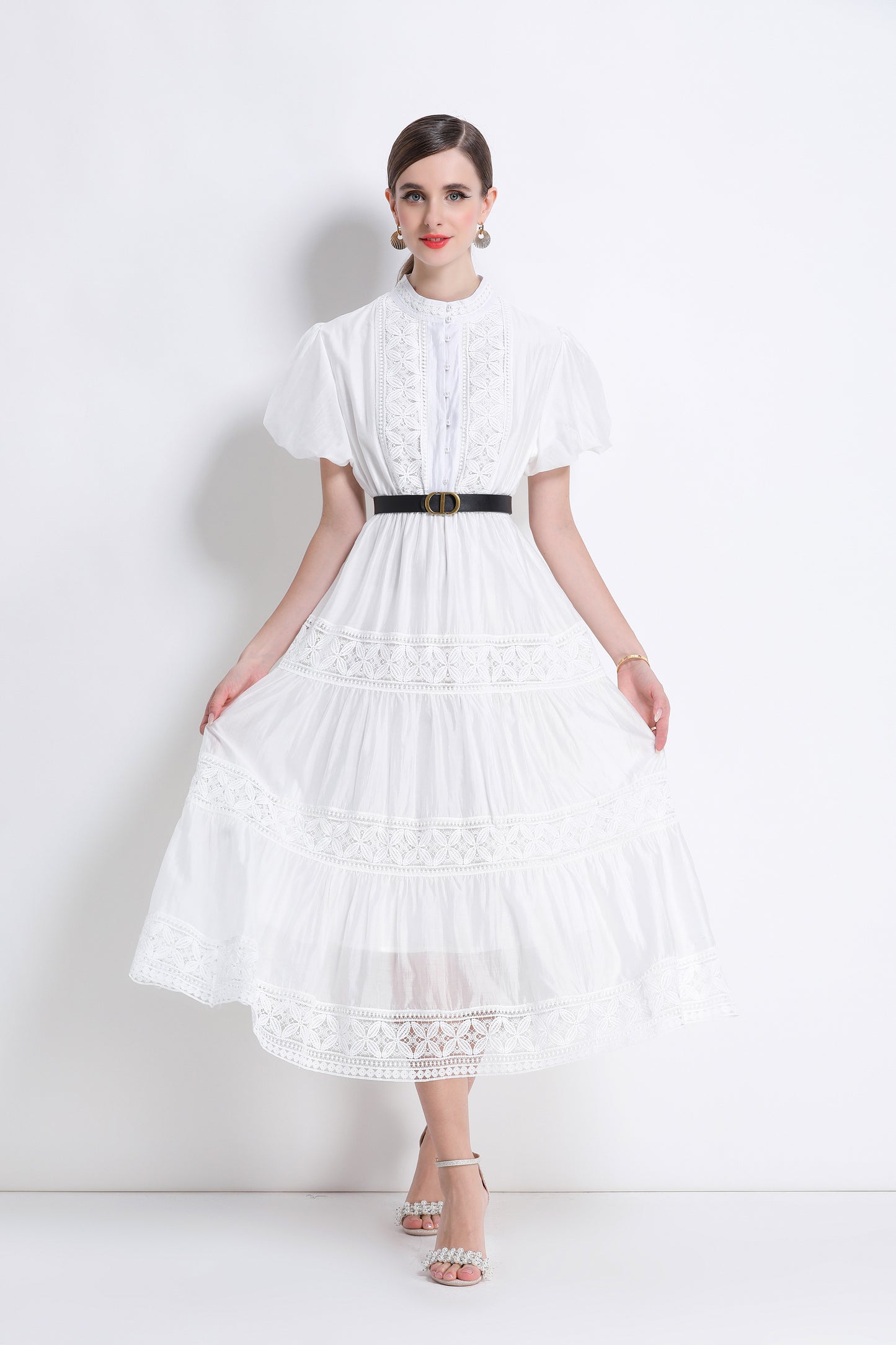 Women's Puff Sleeve Button Lace Midi Dress