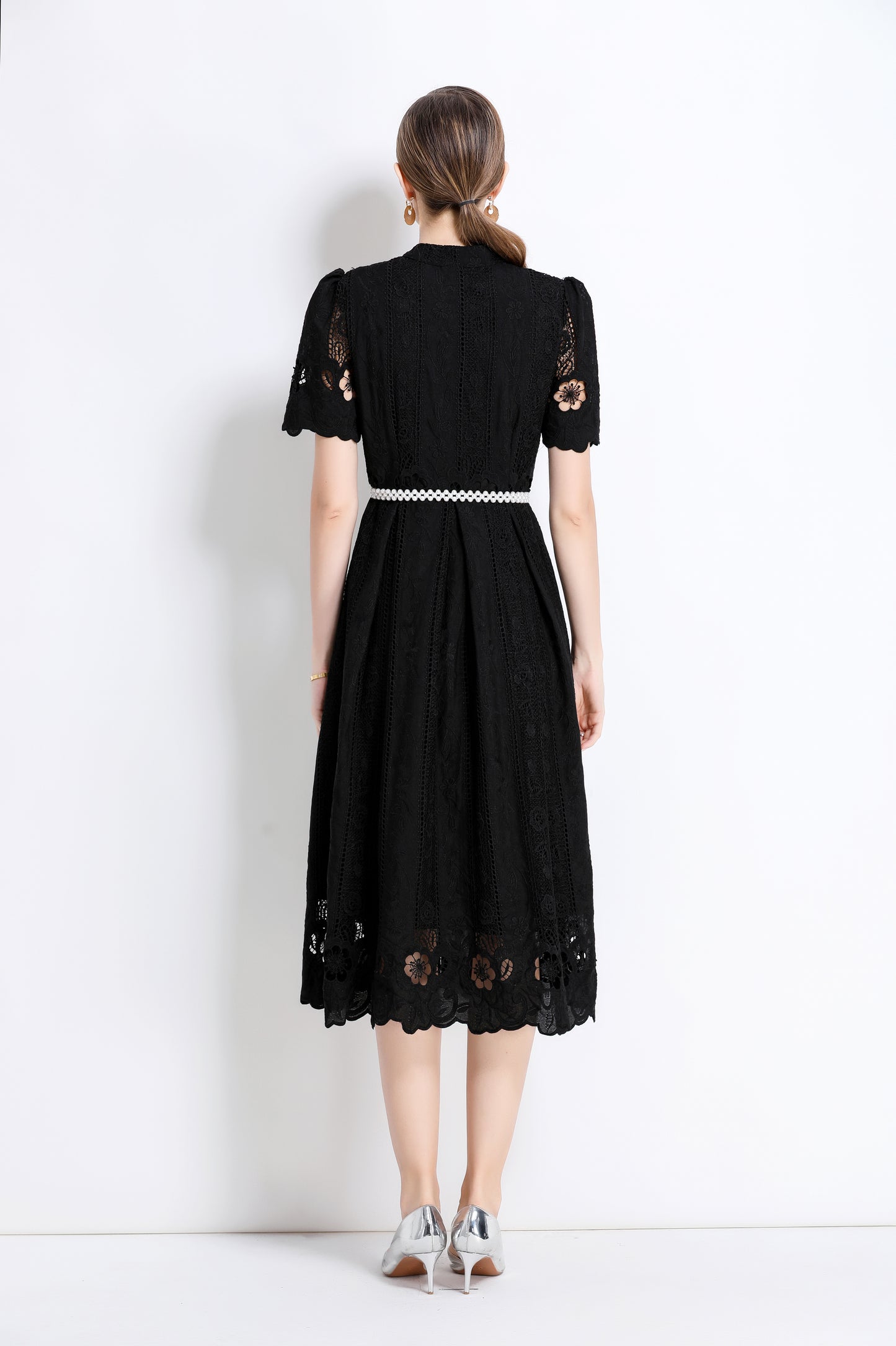 Women's  Hollow Out Short Sleeve Lace Midi Dress