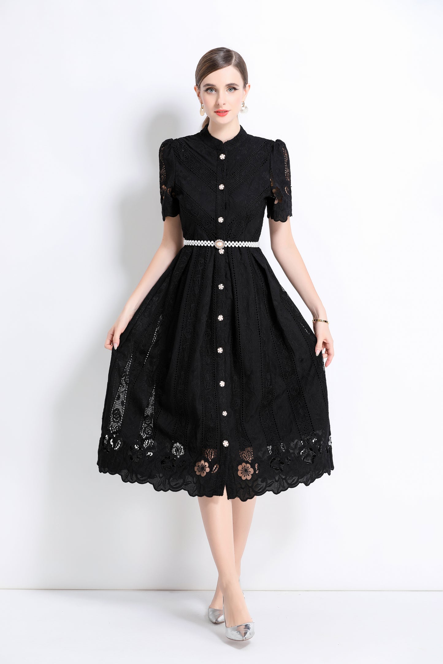 Women's  Hollow Out Short Sleeve Lace Midi Dress