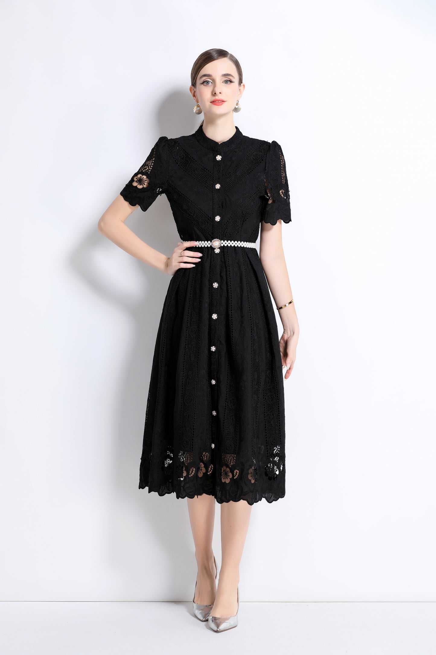 Women's  Hollow Out Short Sleeve Lace Midi Dress