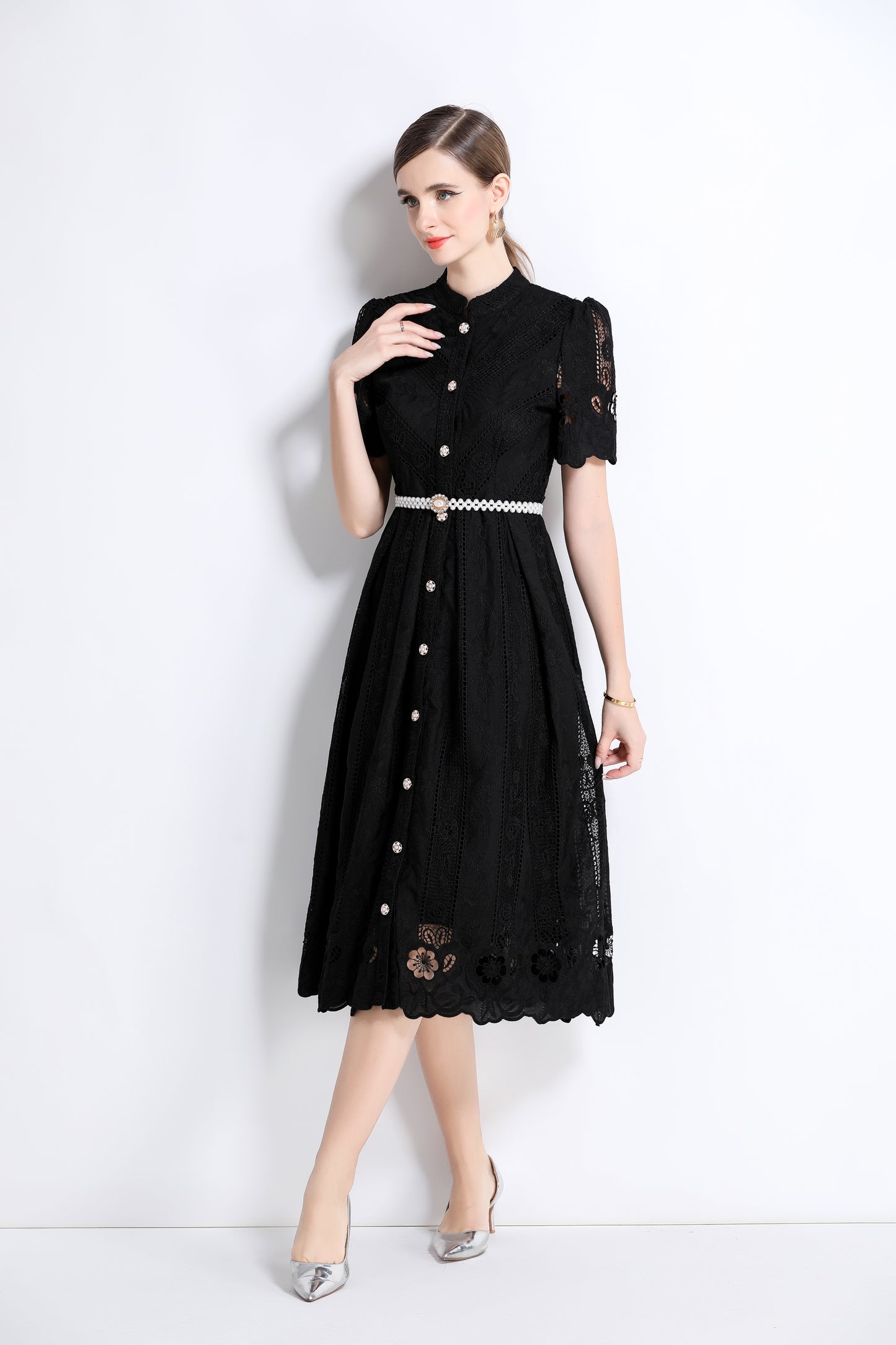 Women's  Hollow Out Short Sleeve Lace Midi Dress