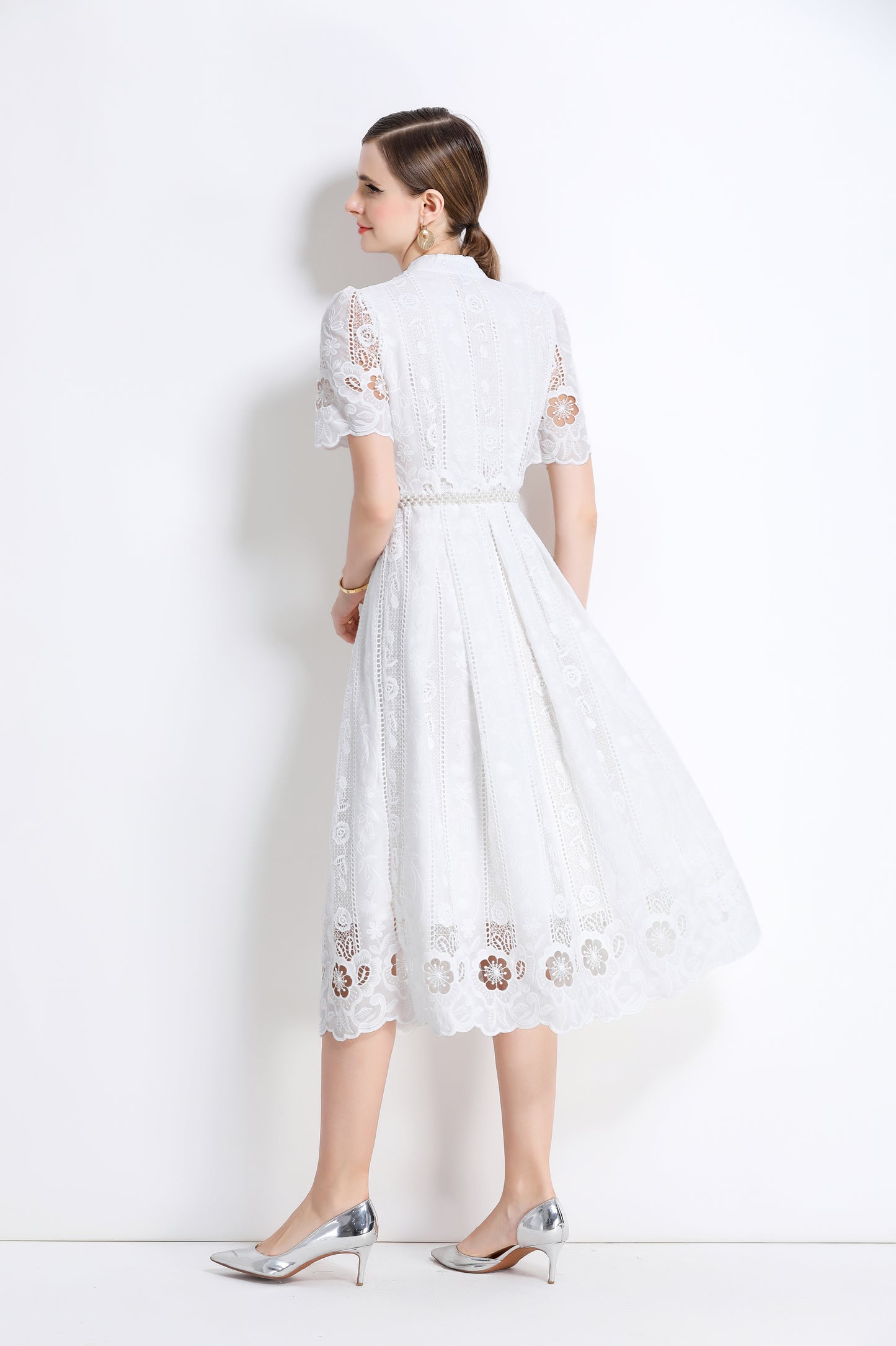 Women's  Hollow Out Short Sleeve Lace Midi Dress
