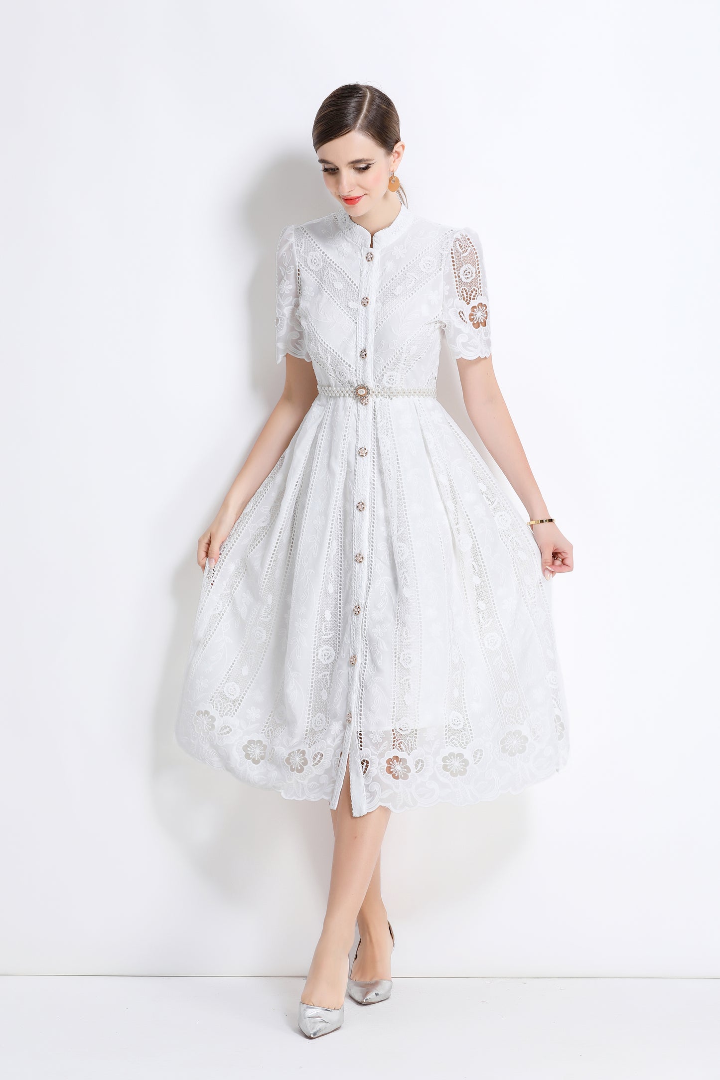 Women's  Hollow Out Short Sleeve Lace Midi Dress