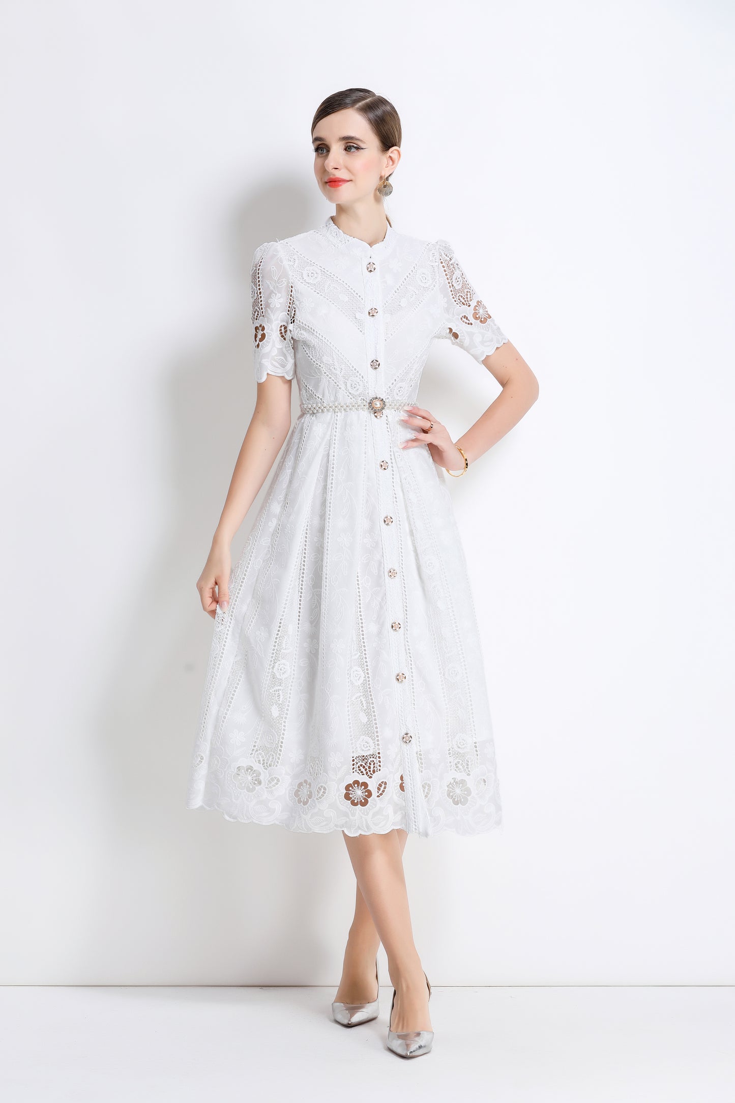 Women's  Hollow Out Short Sleeve Lace Midi Dress