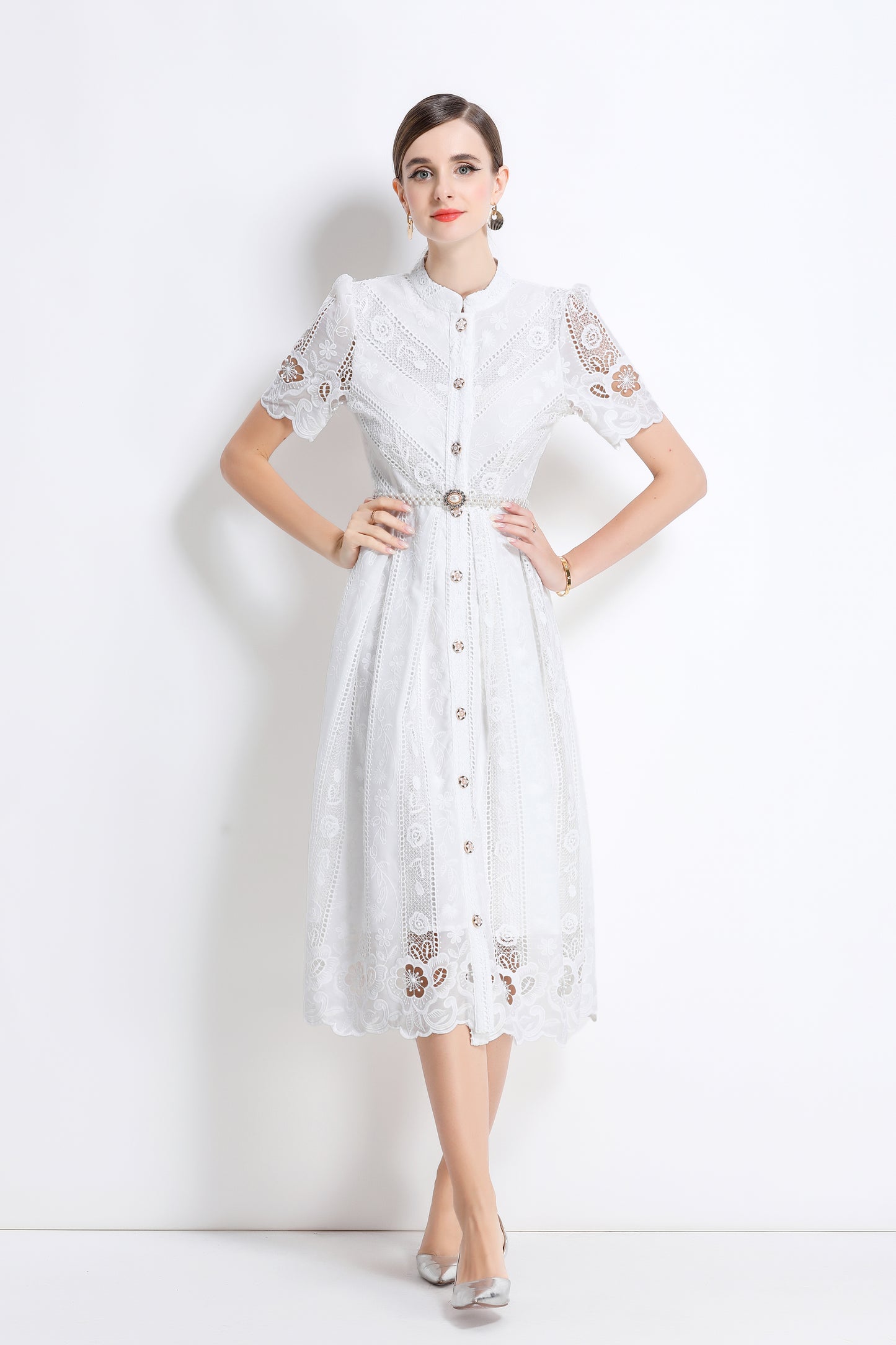 Women's  Hollow Out Short Sleeve Lace Midi Dress