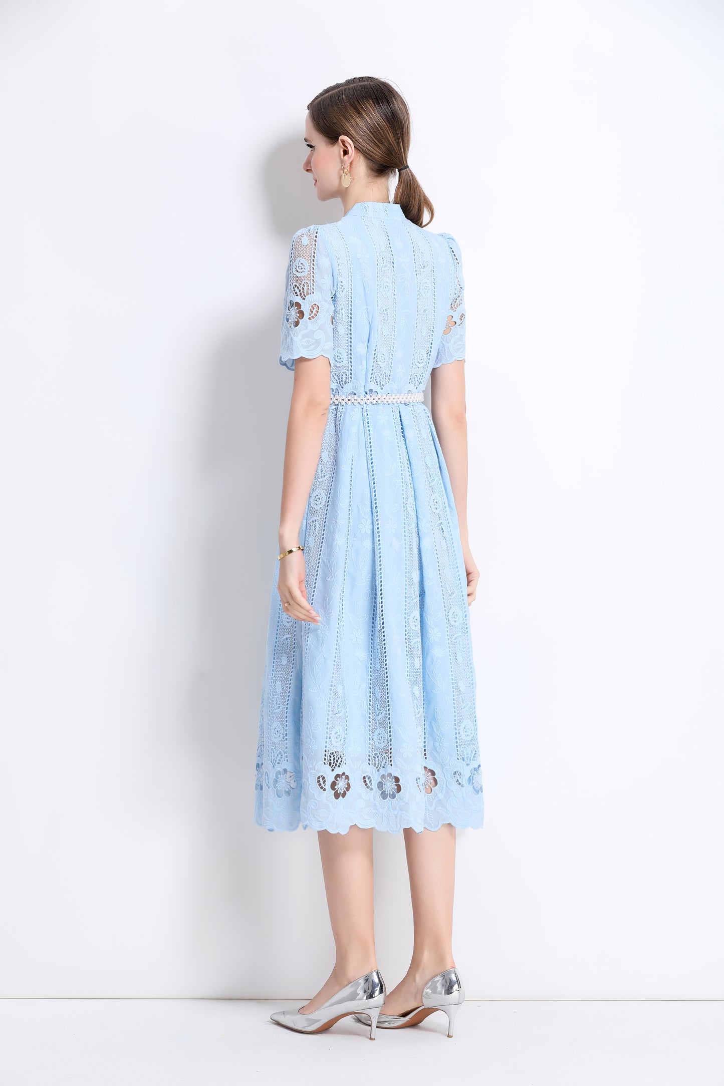 Women's  Hollow Out Short Sleeve Lace Midi Dress