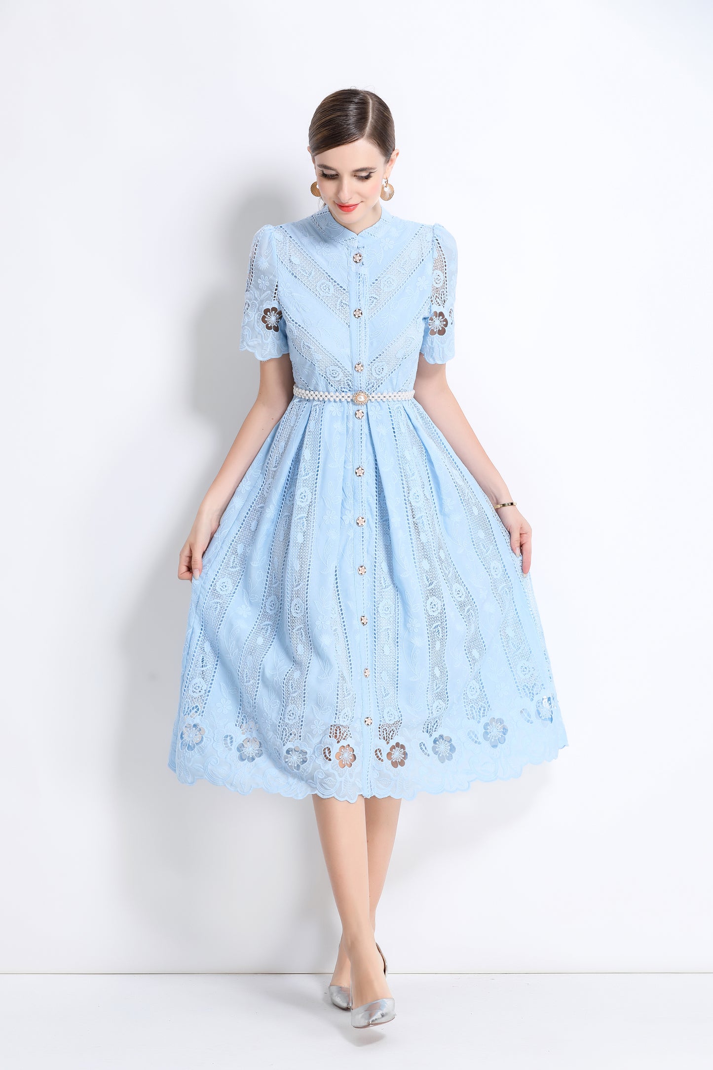 Women's  Hollow Out Short Sleeve Lace Midi Dress