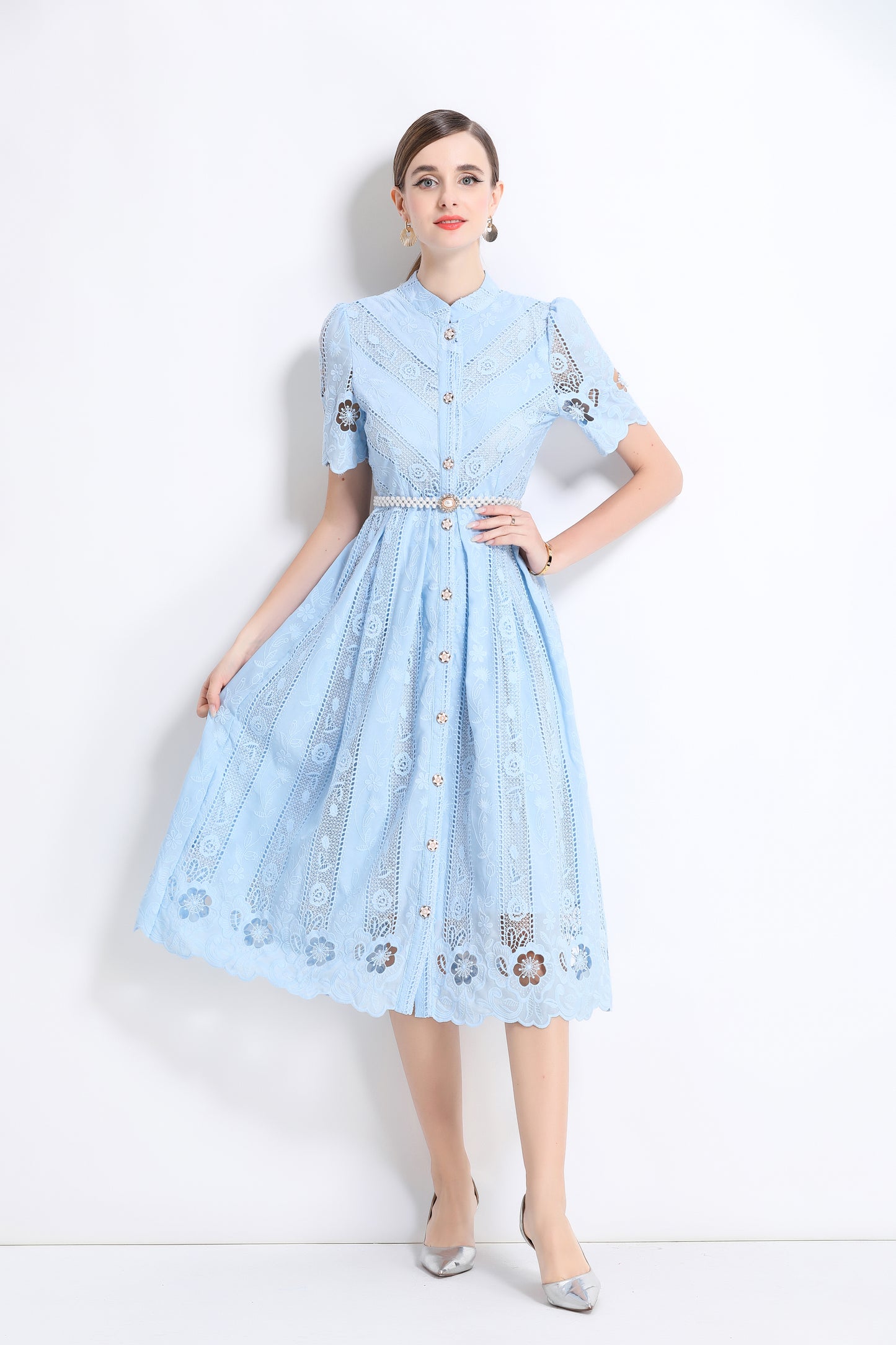 Women's  Hollow Out Short Sleeve Lace Midi Dress