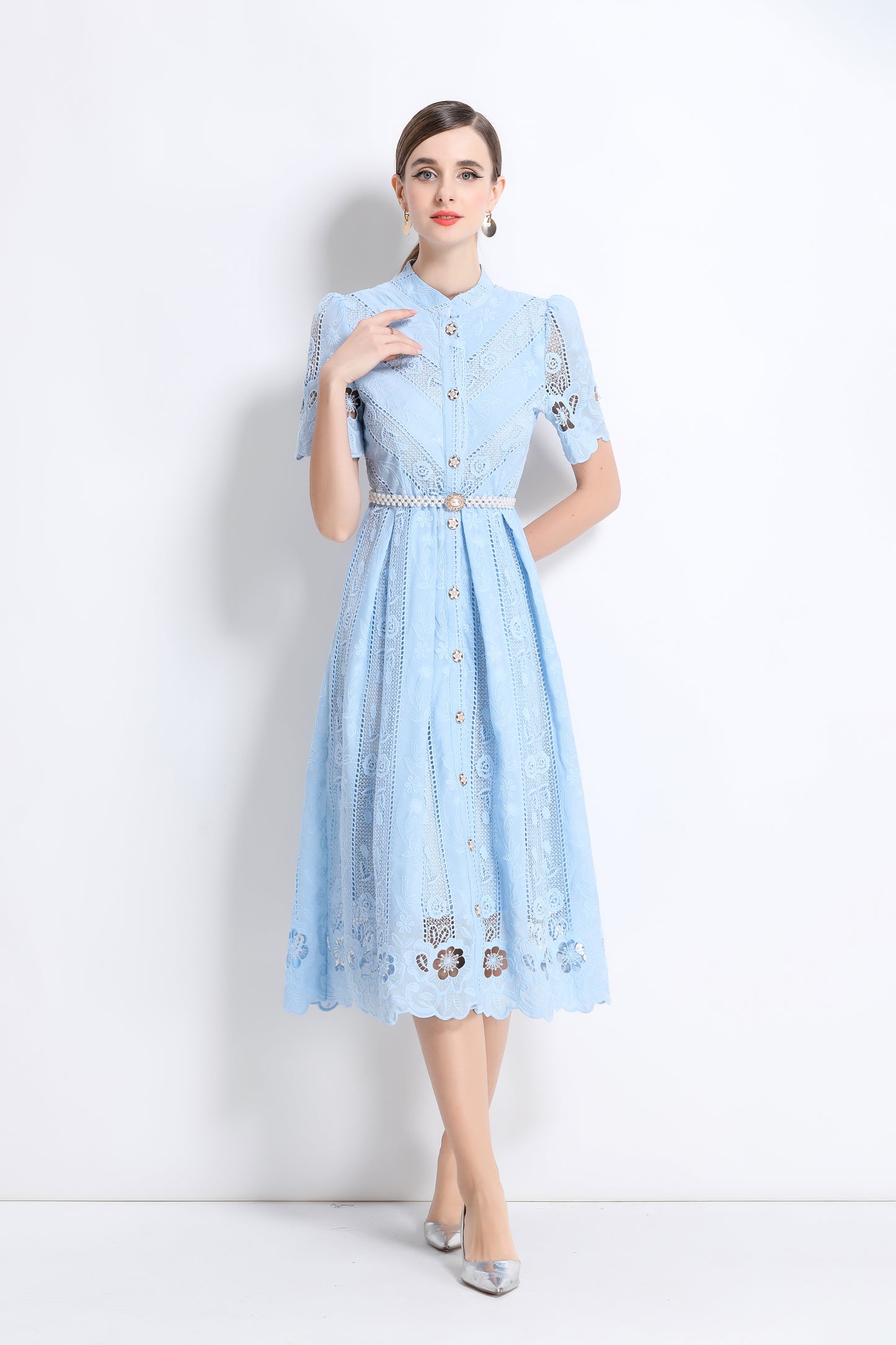 Women's  Hollow Out Short Sleeve Lace Midi Dress