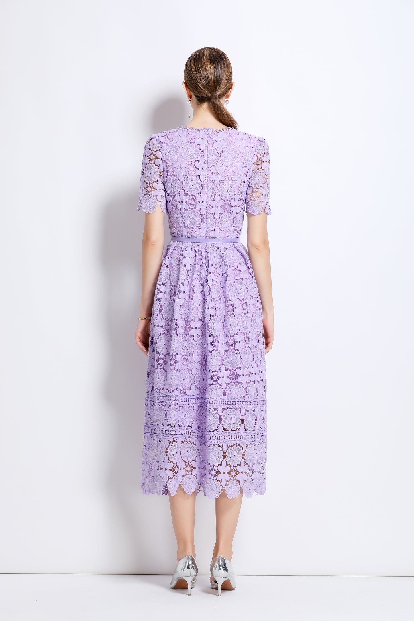 Women's Lace Floral Hollow Short Sleeve Midi Dress
