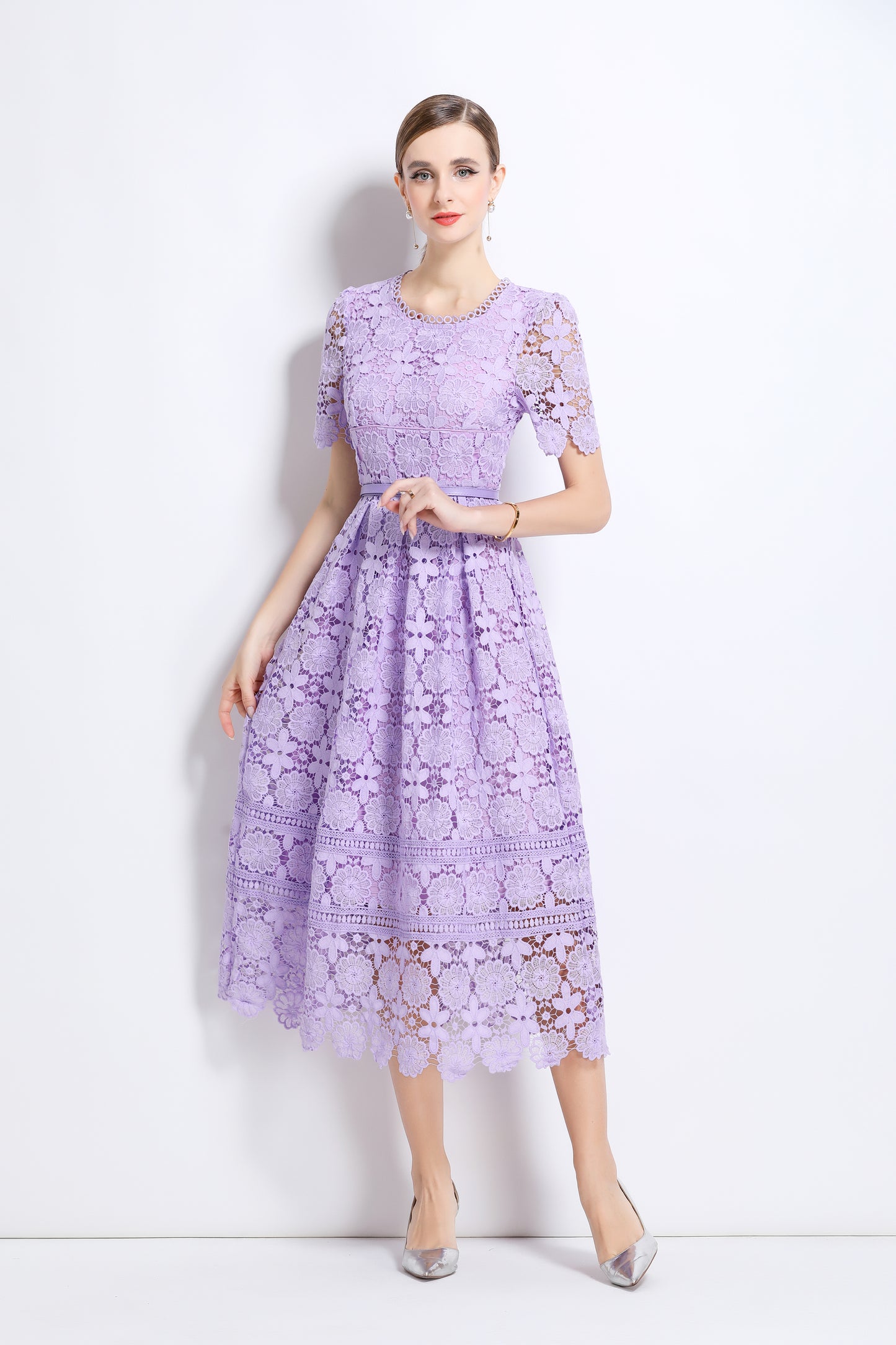 Women's Lace Floral Hollow Short Sleeve Midi Dress