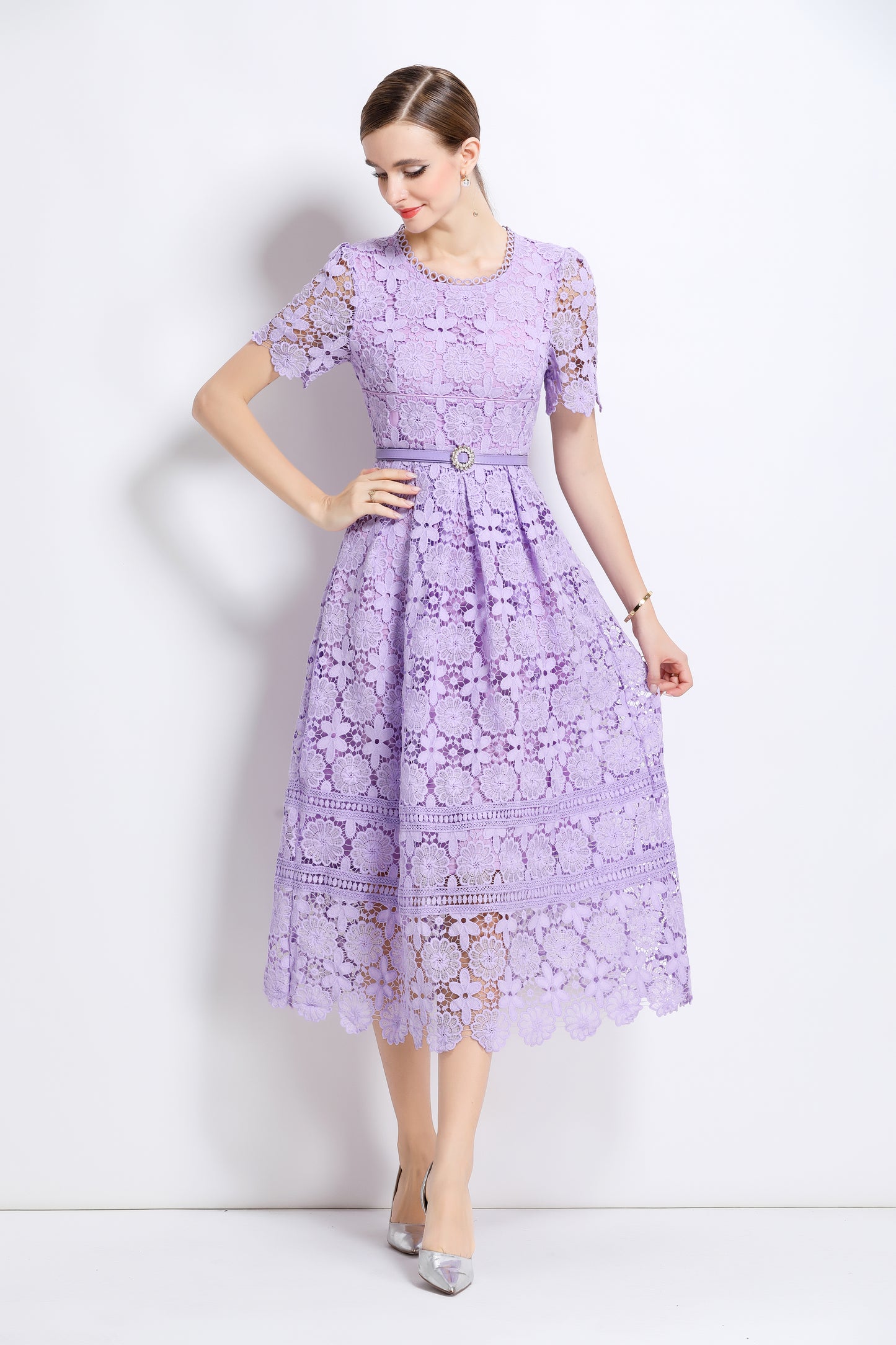 Women's Lace Floral Hollow Short Sleeve Midi Dress