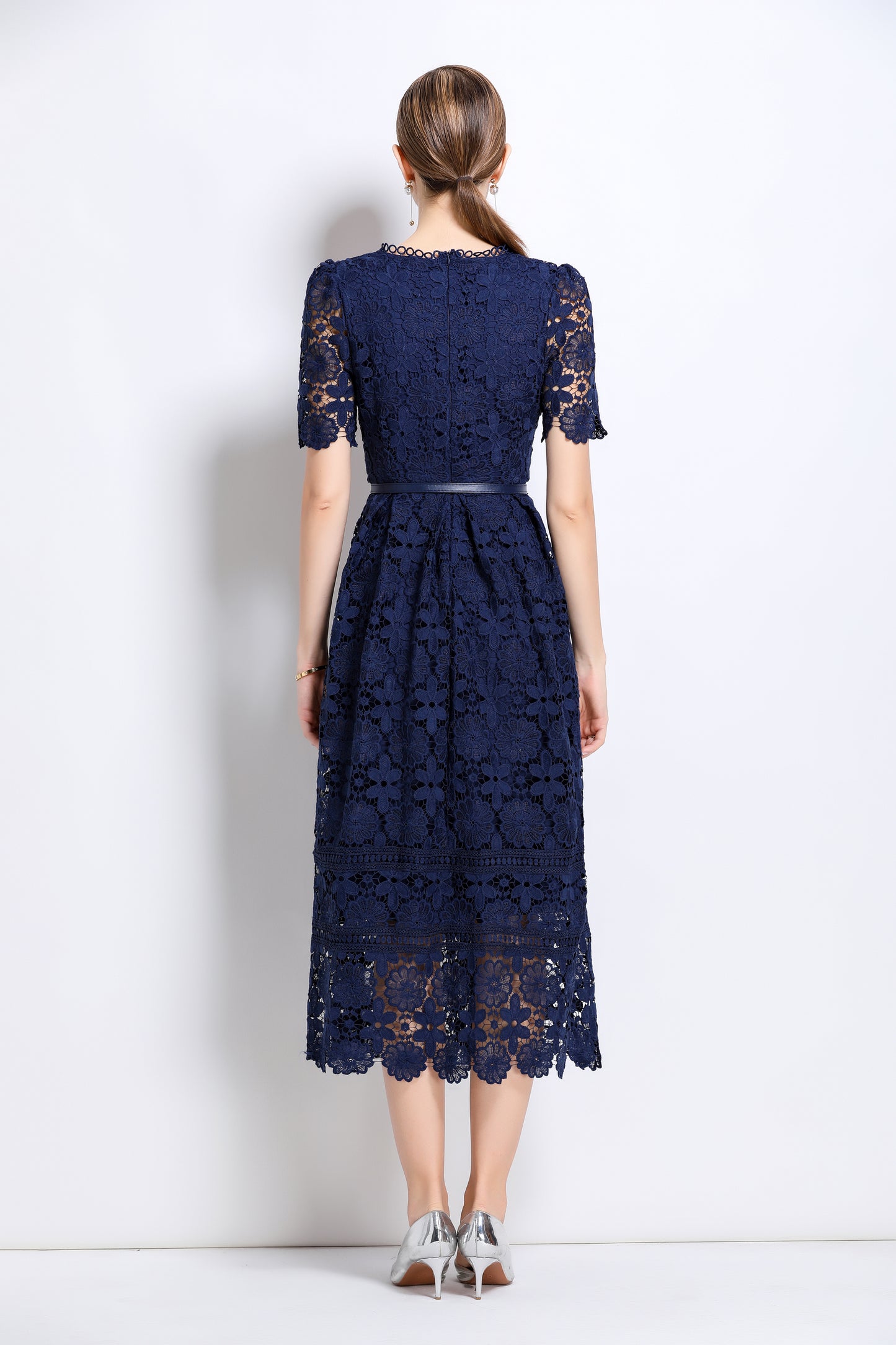 Women's Lace Floral Hollow Short Sleeve Midi Dress