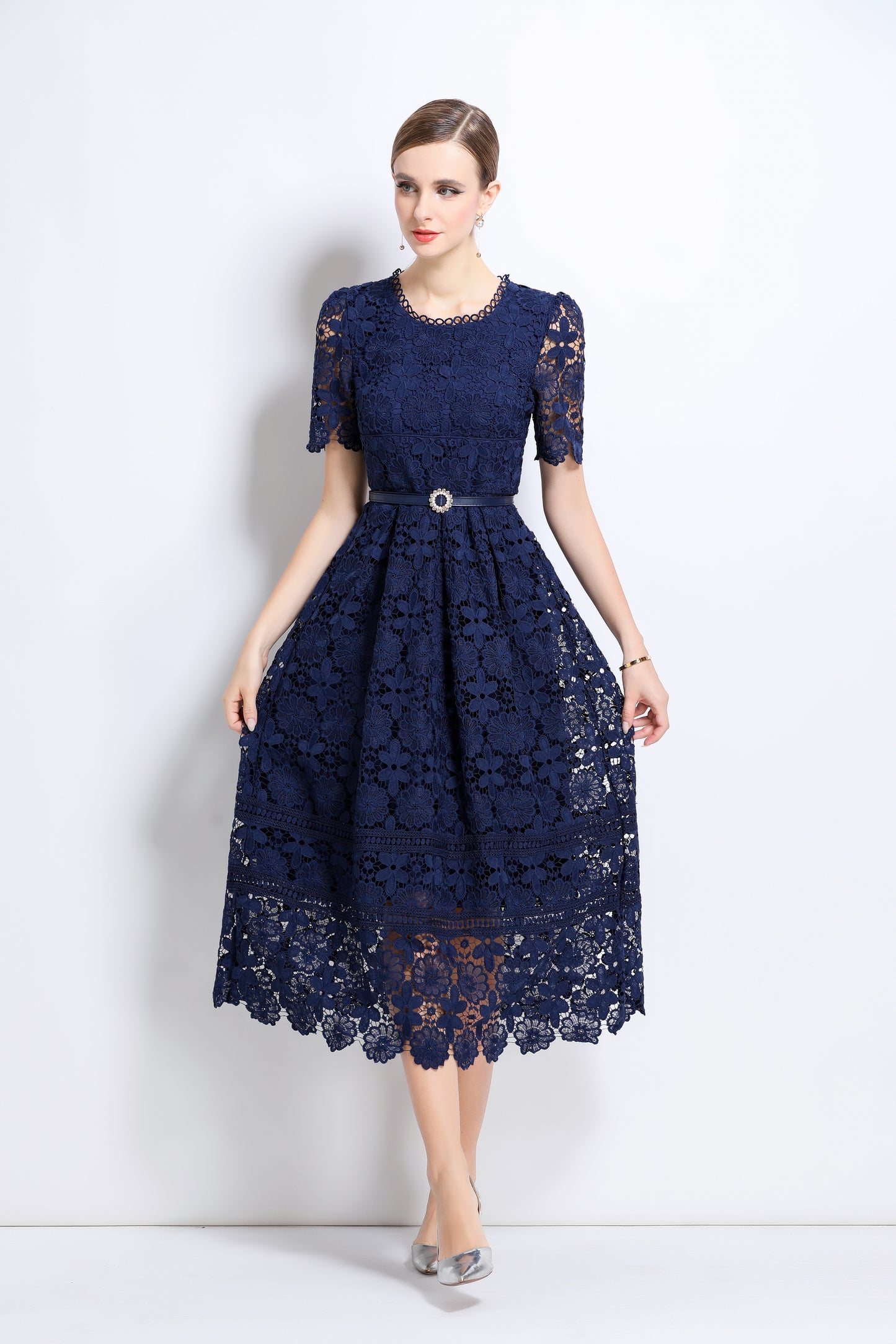 Women's Lace Floral Hollow Short Sleeve Midi Dress