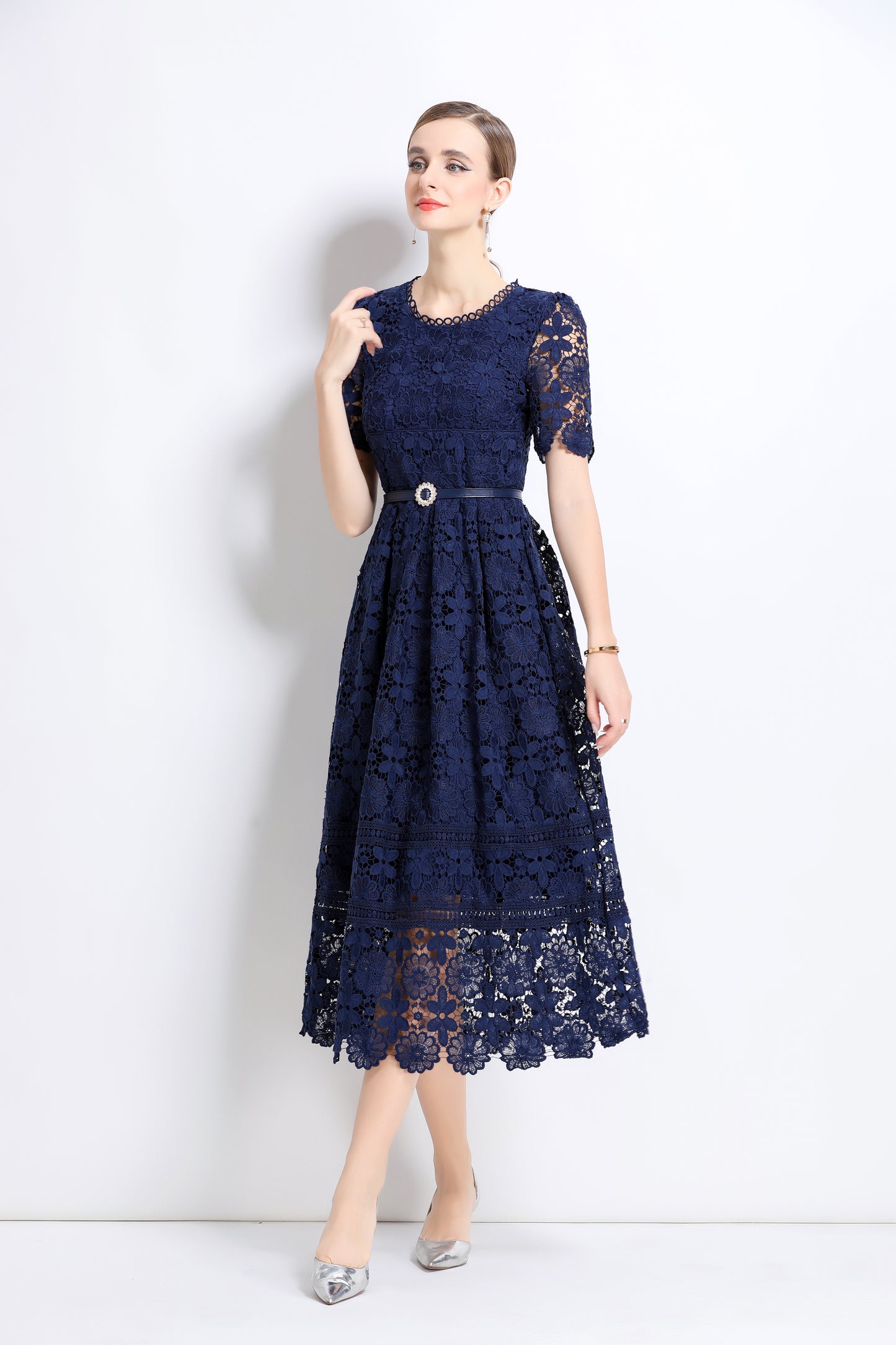 Women's Lace Floral Hollow Short Sleeve Midi Dress