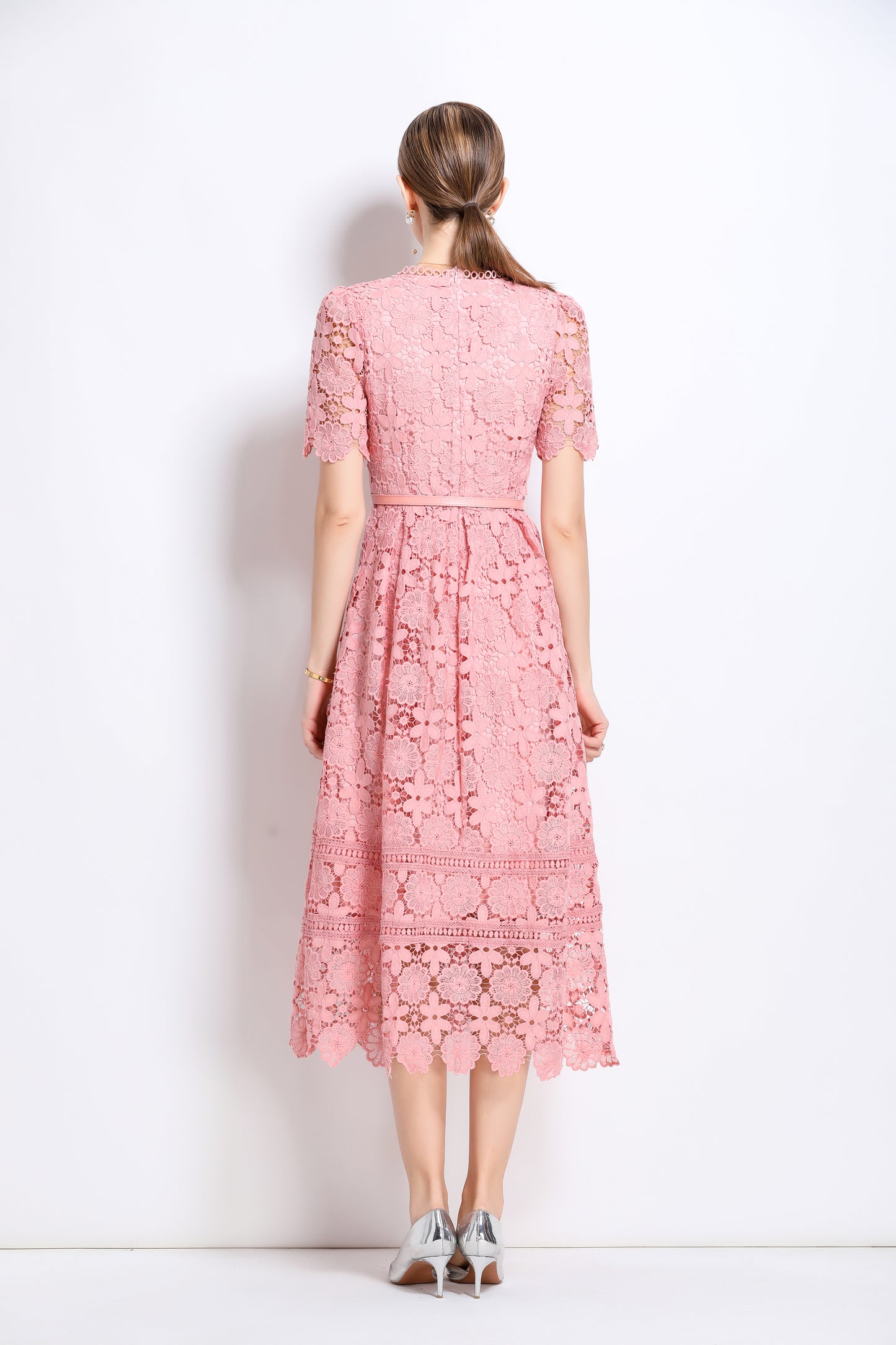 Women's Lace Floral Hollow Short Sleeve Midi Dress
