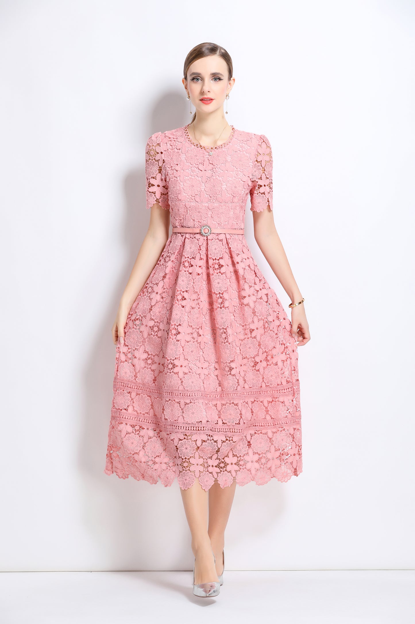 Women's Lace Floral Hollow Short Sleeve Midi Dress