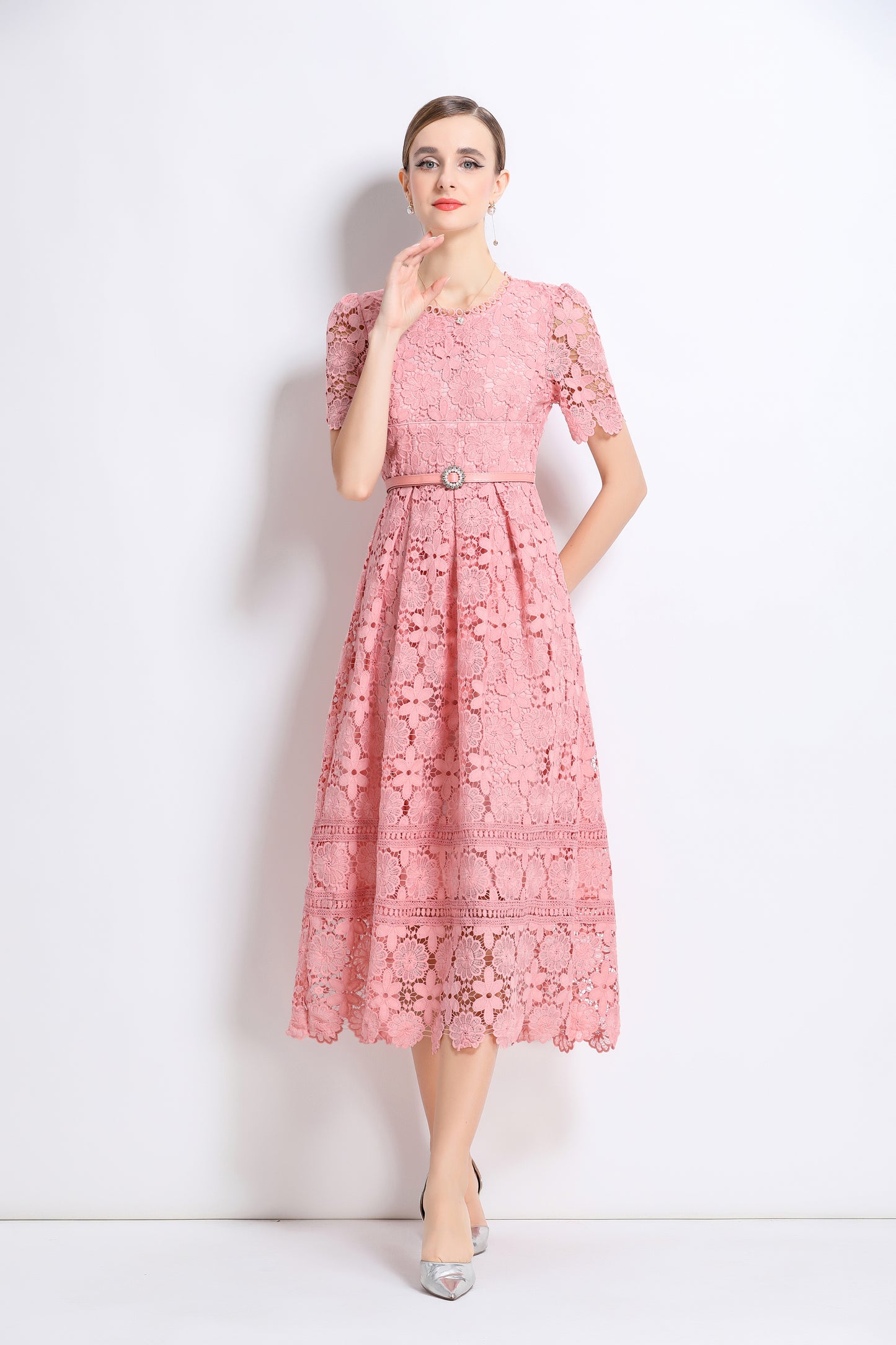 Women's Lace Floral Hollow Short Sleeve Midi Dress