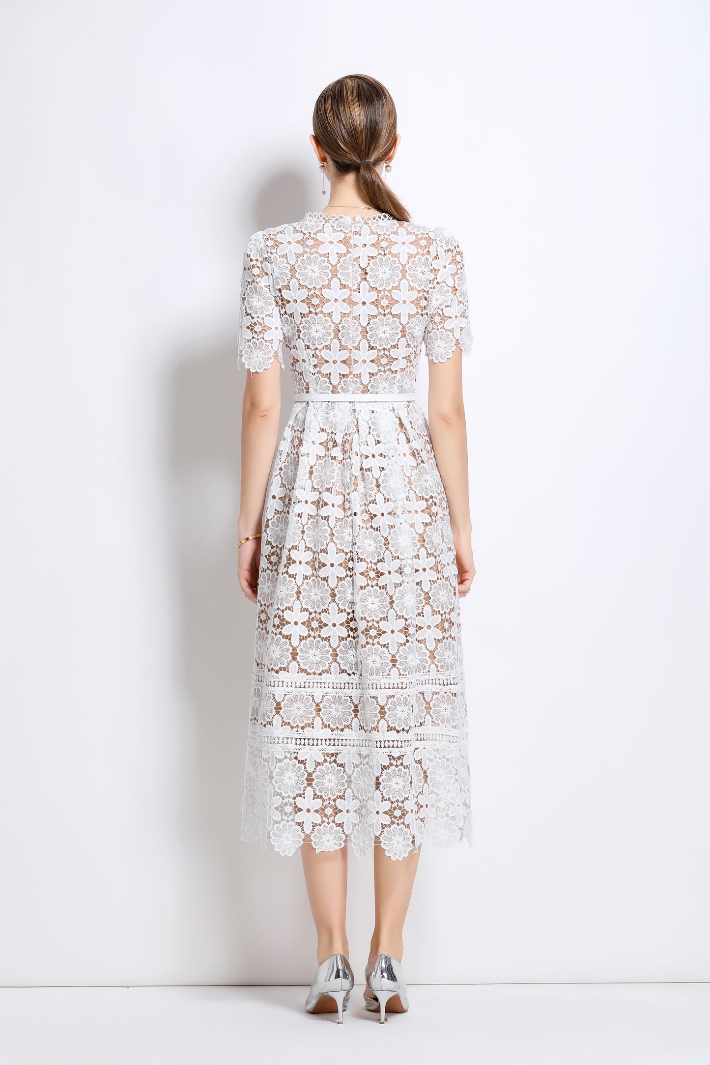 Women's Lace Floral Hollow Short Sleeve Midi Dress