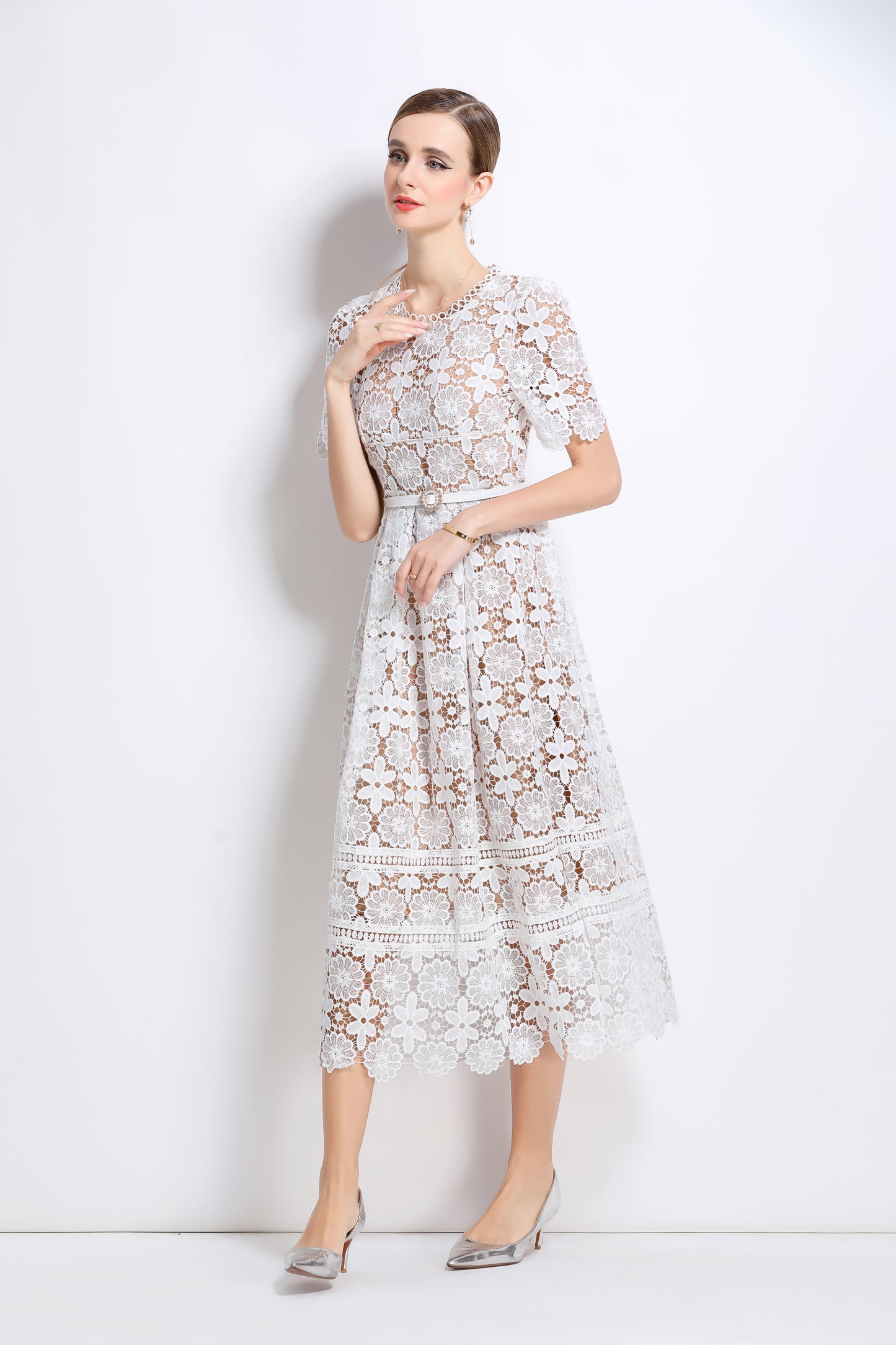 Women's Lace Floral Hollow Short Sleeve Midi Dress