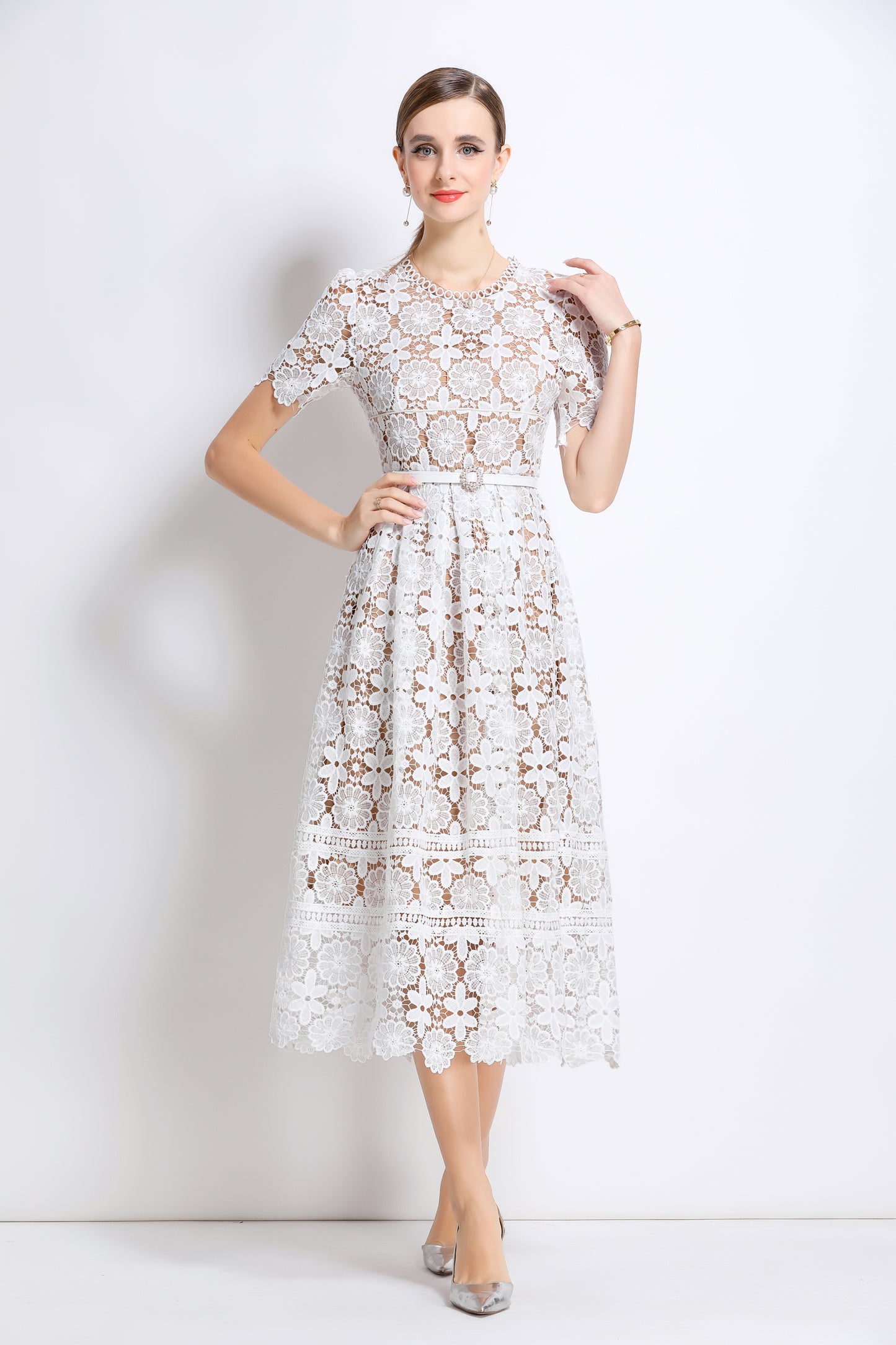 Women's Lace Floral Hollow Short Sleeve Midi Dress