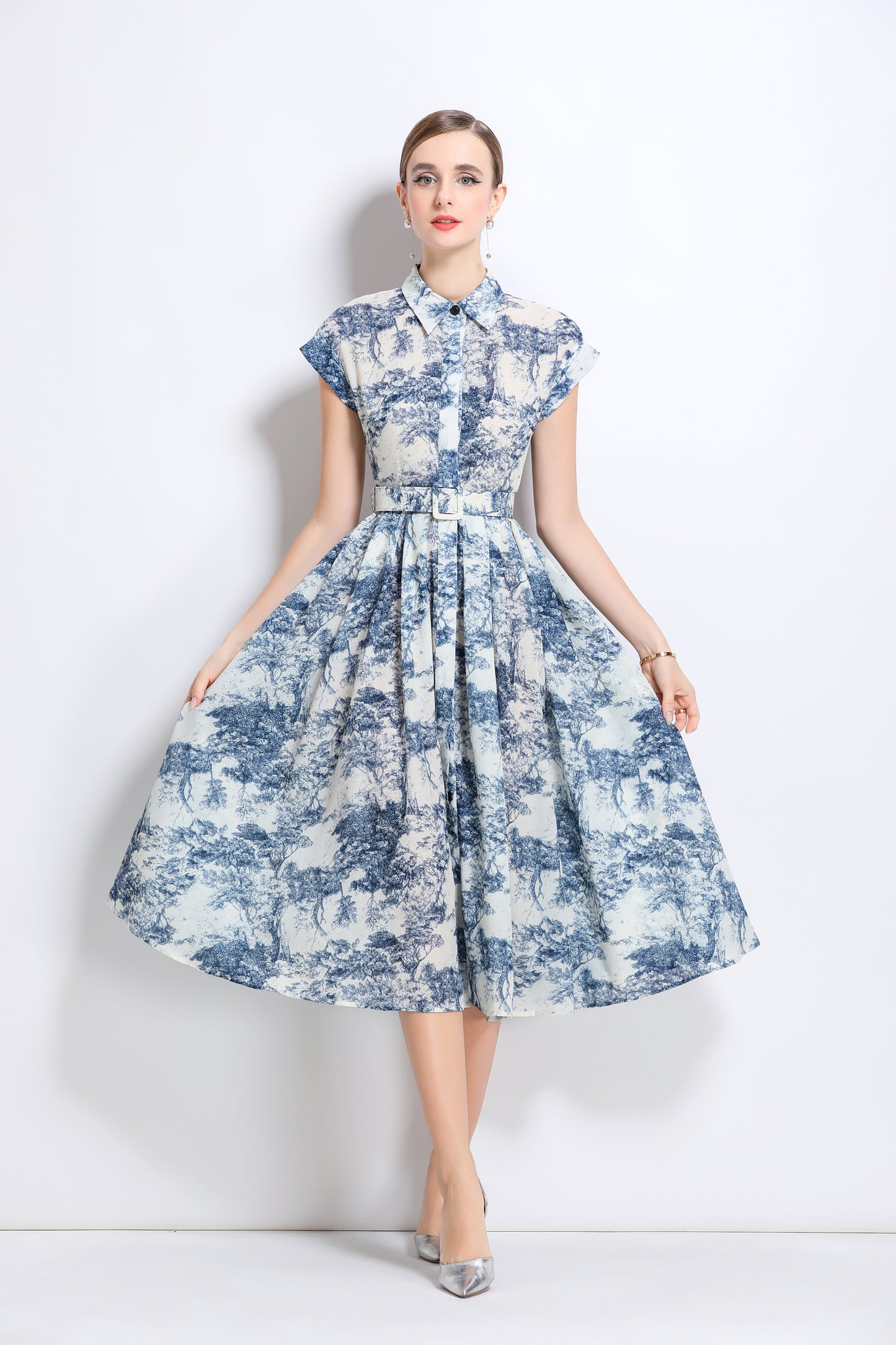 Women's Short Sleeves Collar Printed Buttons Midi Dress - LAI MENG FIVE CATS