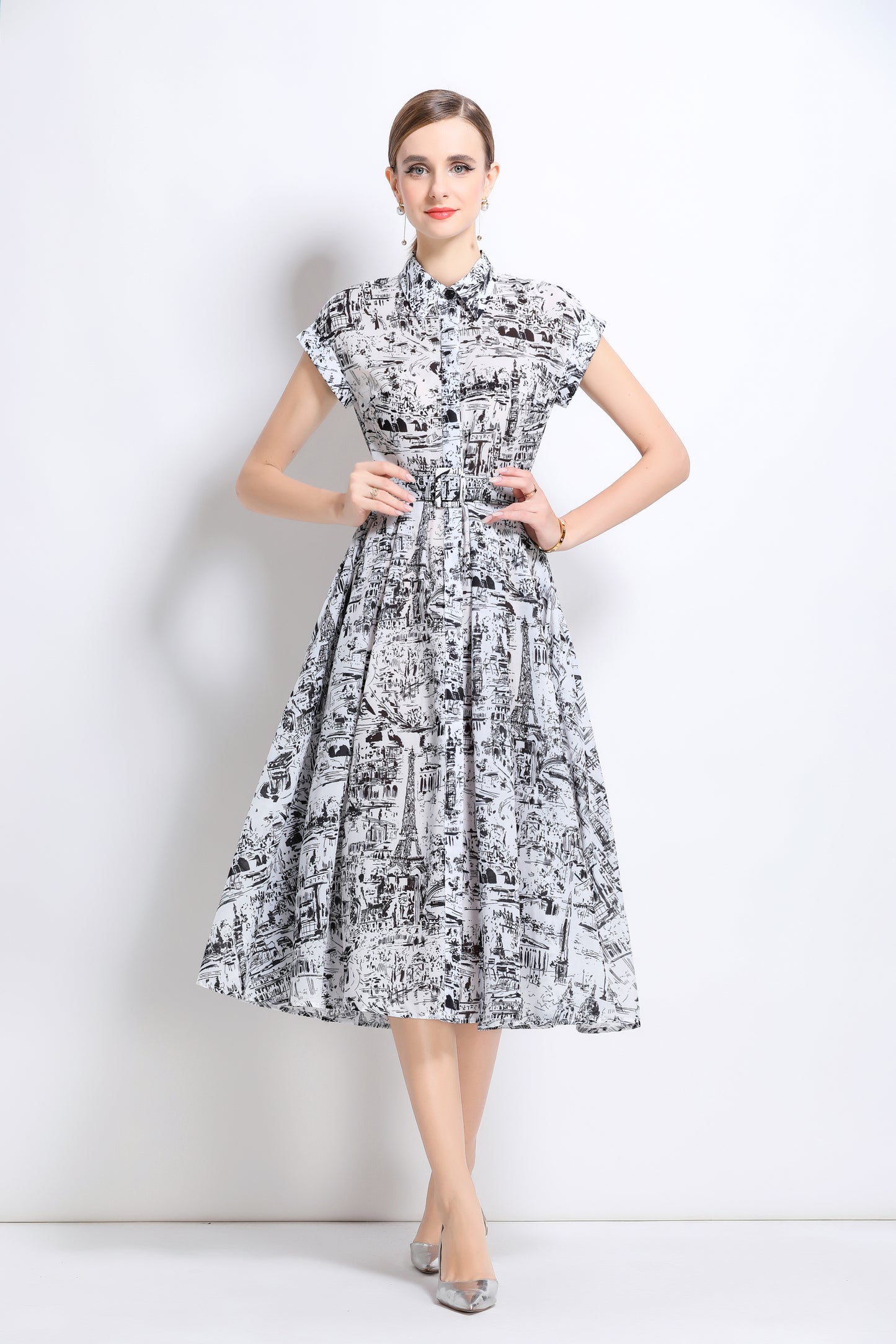 Women's Short Sleeves Collar Printed Buttons Midi Dress