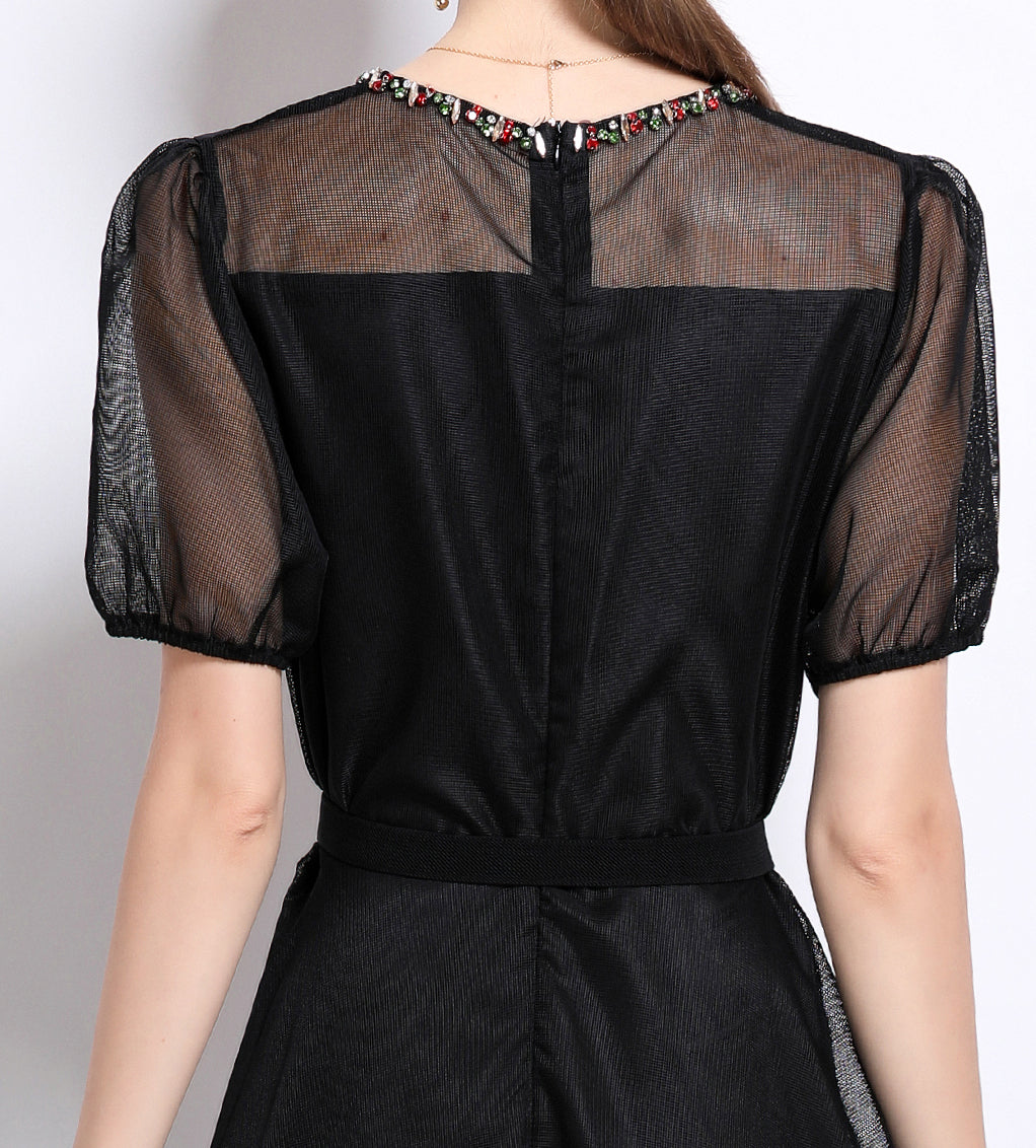 LAI MENG FIVE CATS Embroidered Mesh Floral Black Midi Dress - LAI MENG FIVE CATS